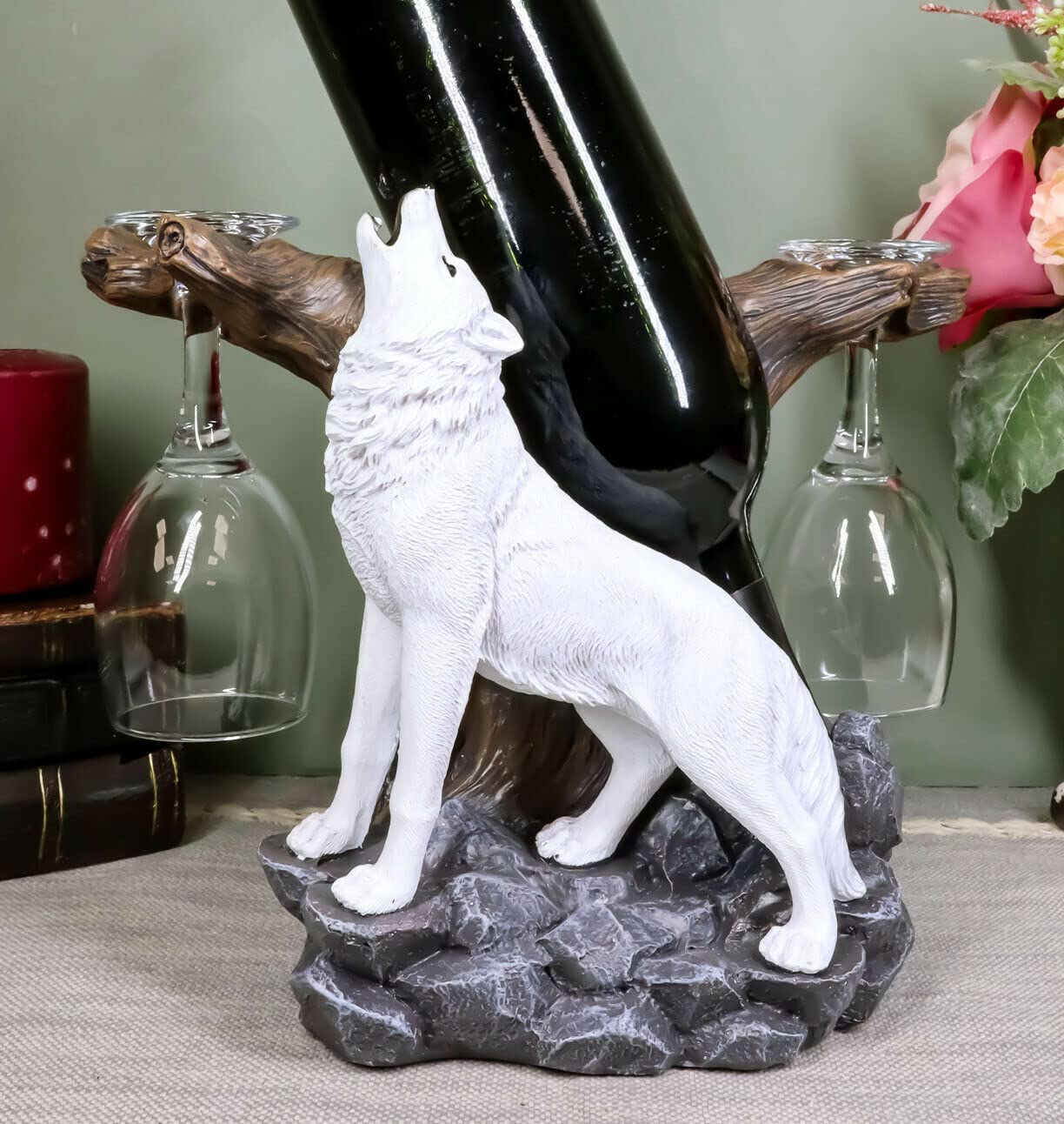 Howling Arctic White Snow Wolf Wine Valet Statue - Unique Bottle & 2 Glasses Holder - Funny Animal Decor for Home Bar, Man Cave or Office - Perfect Gift for Wolf Lovers & Wine Enthusiasts