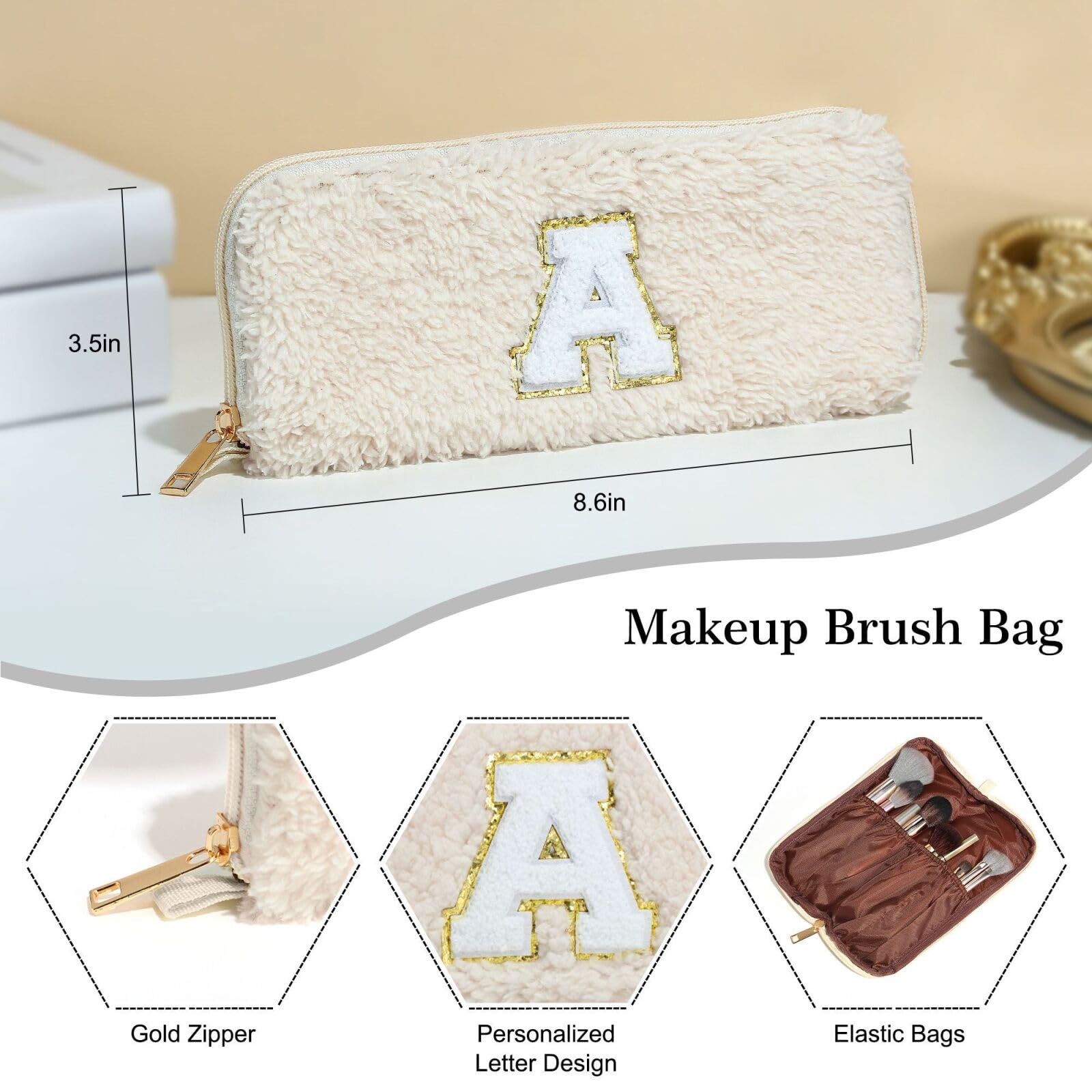YOOLIFE Personalized Initial Makeup Bag with Brush Pouch - Cute Cosmetic Organizer for Women, Bridal Shower Gift, Birthday Present for Her, Sister, Mom & Teacher (White) | Perfect for Travel, Daily Makeup Storage & Special Occasion Gifts