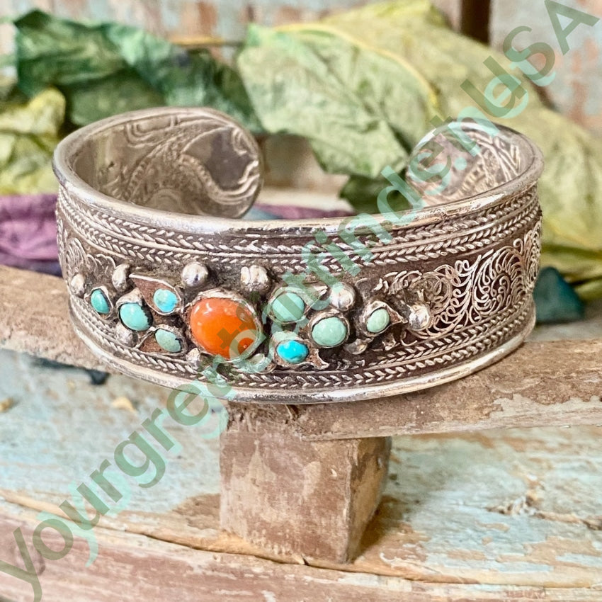 Authentic Sterling Silver Turquoise Coral Tibetan Bracelet with Intricate Dragon Engraving - Perfect for Boho Fashion, Spiritual Healing & Gift Giving