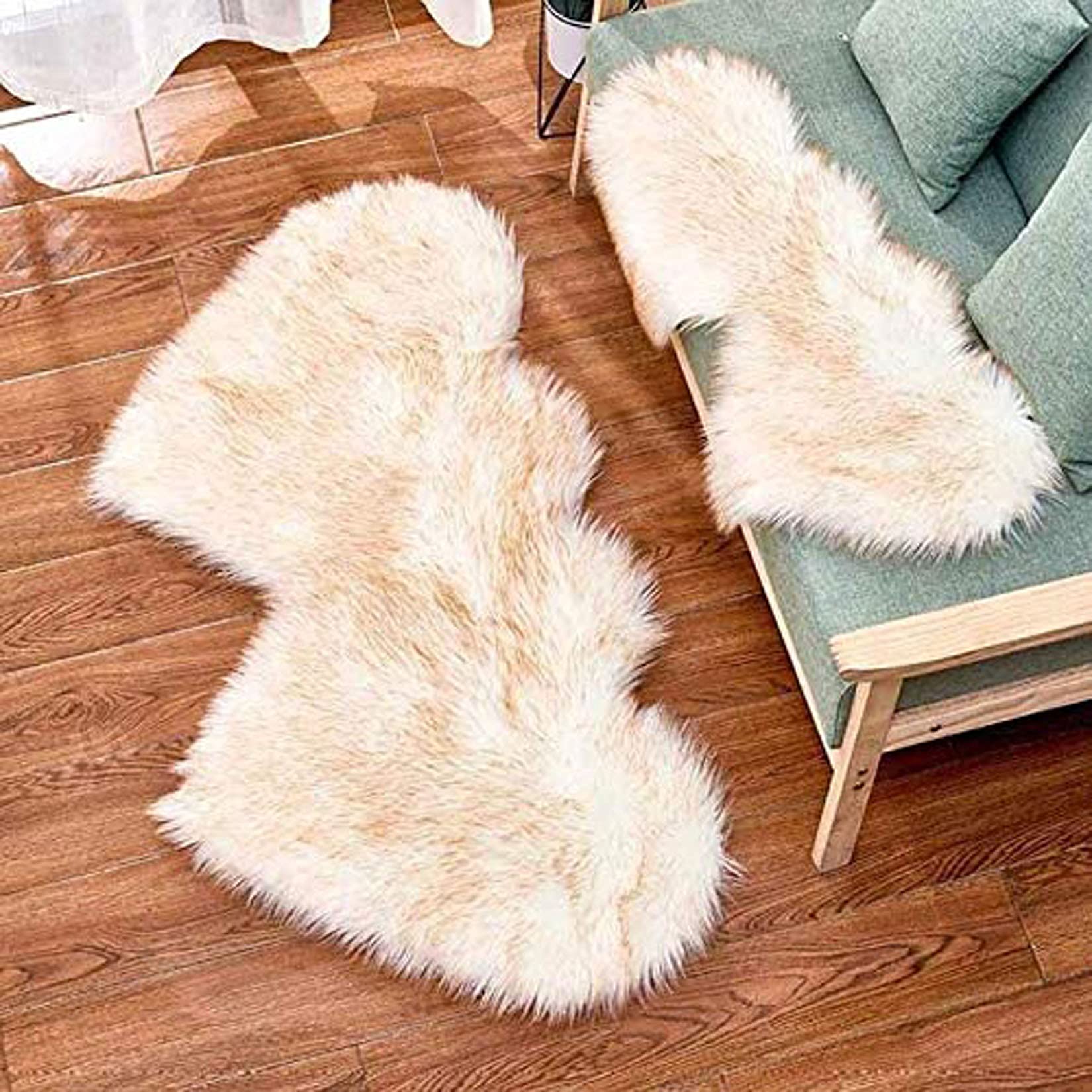 Modern 2'x4' Fluffy Faux Fur Area Rug - Anti-Skid Double Heart Shaped Soft Shaggy Plush Carpet for Kids Bedroom, Nursery & Playroom (Beige, 35x70cm/14