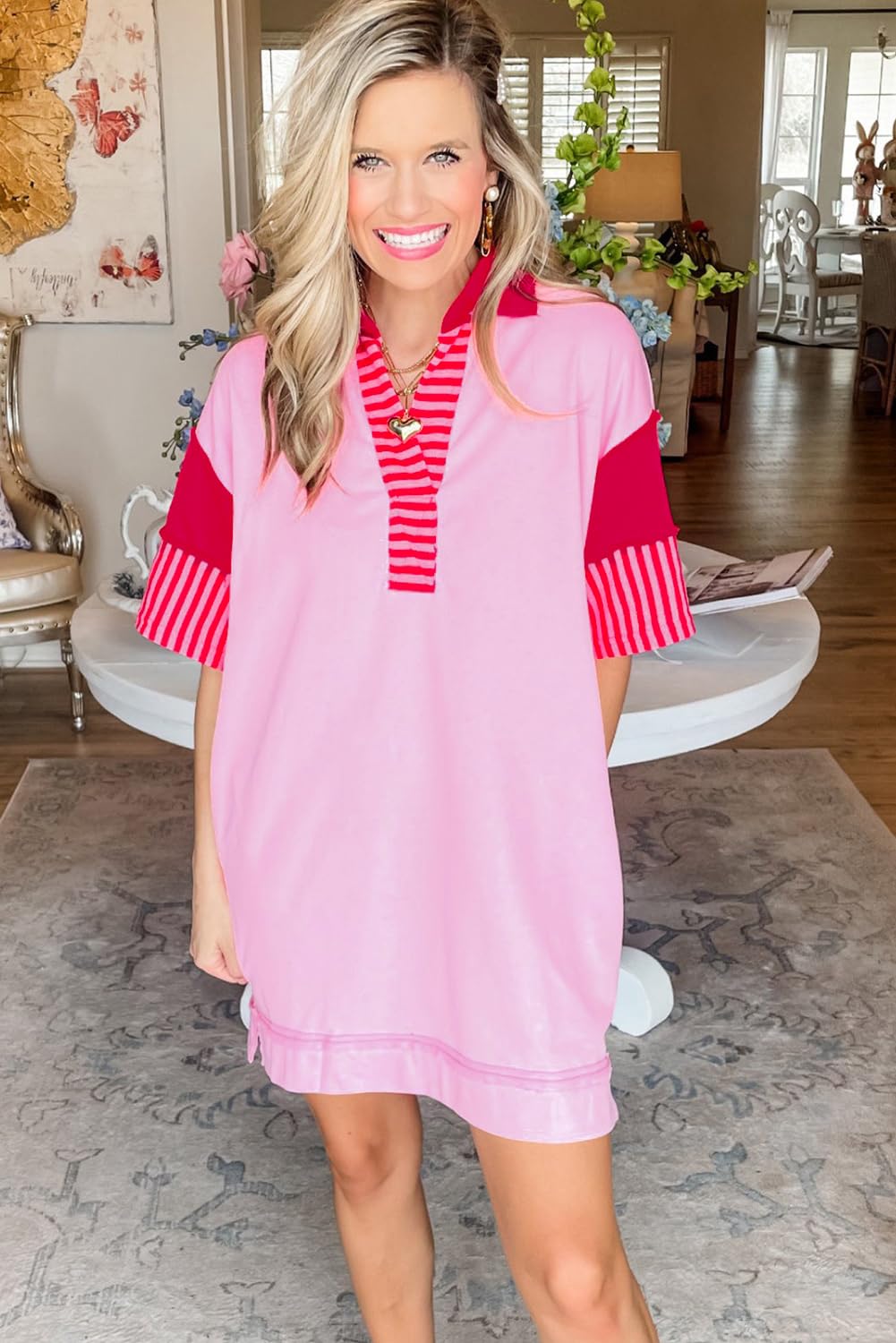 Women's Casual White Stripe Colorblock Patchwork Short Sleeve T-Shirt Dress - Summer Beach Wear, Street Style, Everyday Comfort Outfit