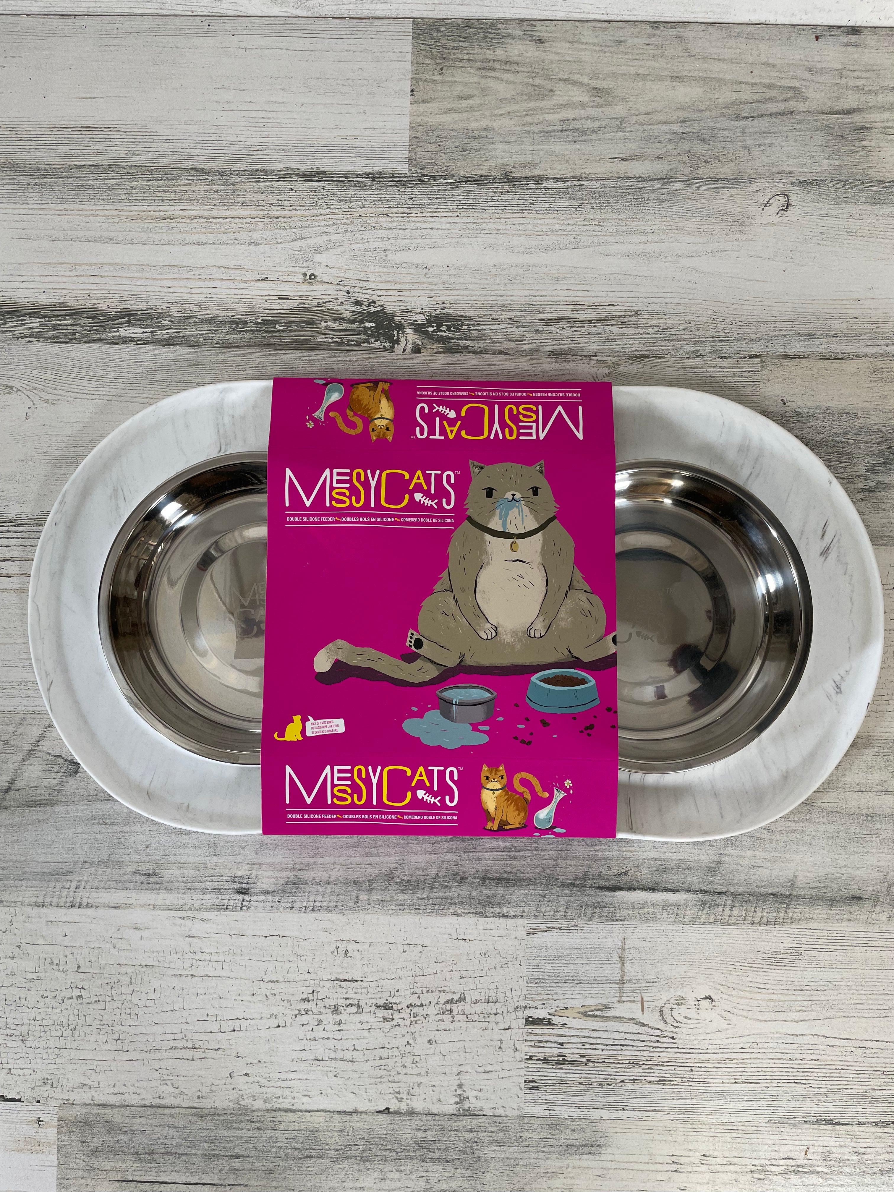 Premium Non-Slip Marble Silicone Cat Feeding Mat with Dual Stainless Steel Bowls - Perfect for Messy Eaters & Multi-Cat Households (Kitchen, Dining Area, Pet Station)