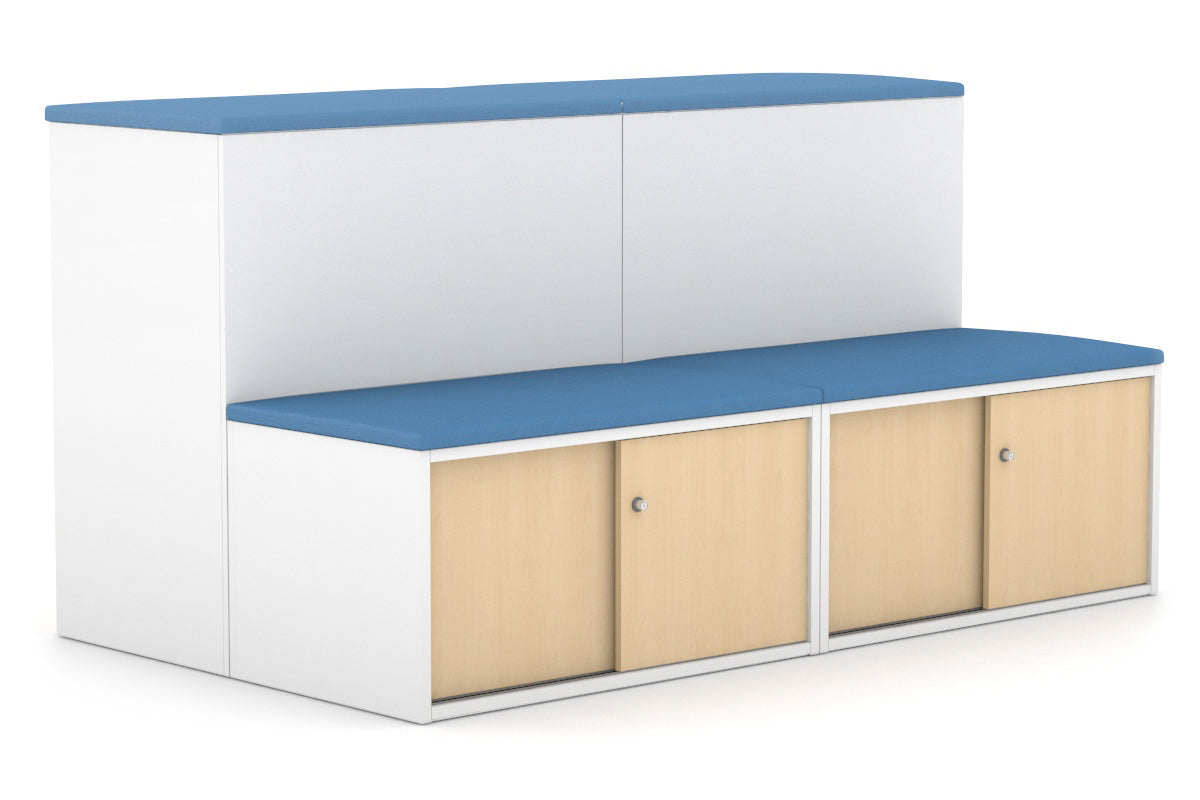 Professional Medical Sliding 4-Door Credenza with Seat Cushion - Uniform Activity Module Storage Cabinet with Low Profile Design [Black Handle] - Perfect for Hospitals, Clinics & Office Organization