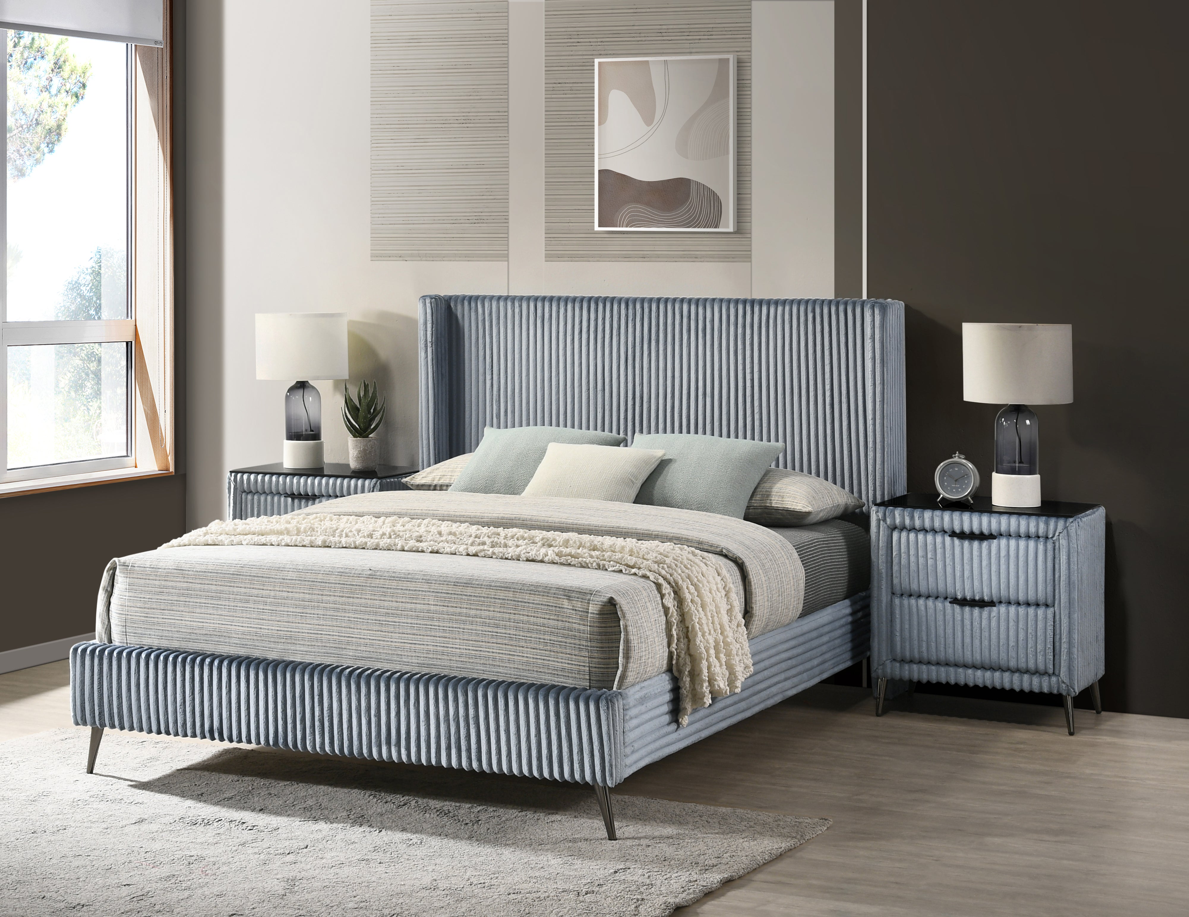Roundhill Furniture Mavela Wide Wale Corduroy Upholstered Bedroom Set - Queen Size Bed Frame, Nightstand & Dresser - Cozy Modern Bedroom Furniture for Small Spaces & Guest Rooms