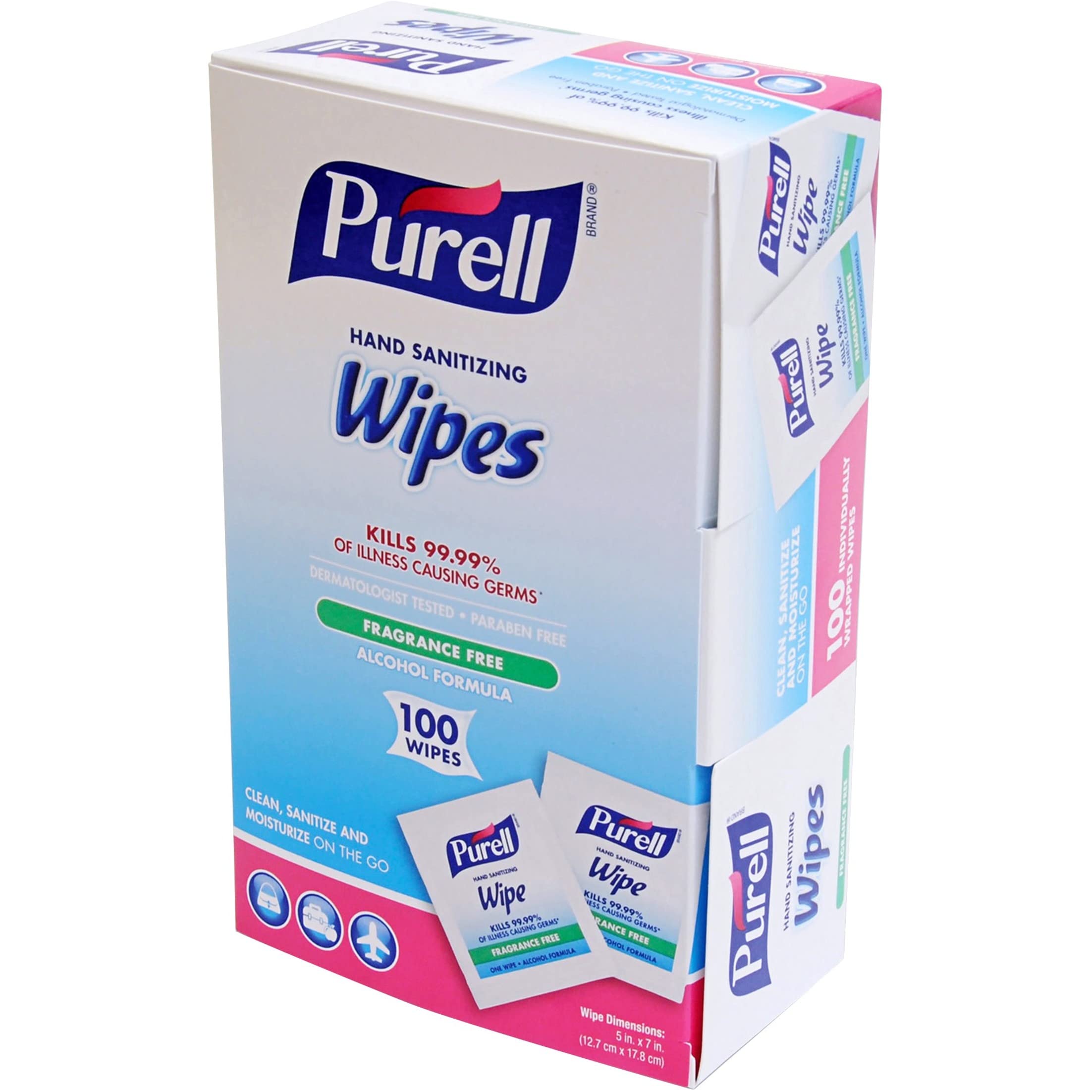 Purell Fragrance-Free Sanitizing Hand Wipes - 100 Count Box | Alcohol-Based Disinfecting Wipes for On-The-Go Hygiene, Travel, Office & Home Use