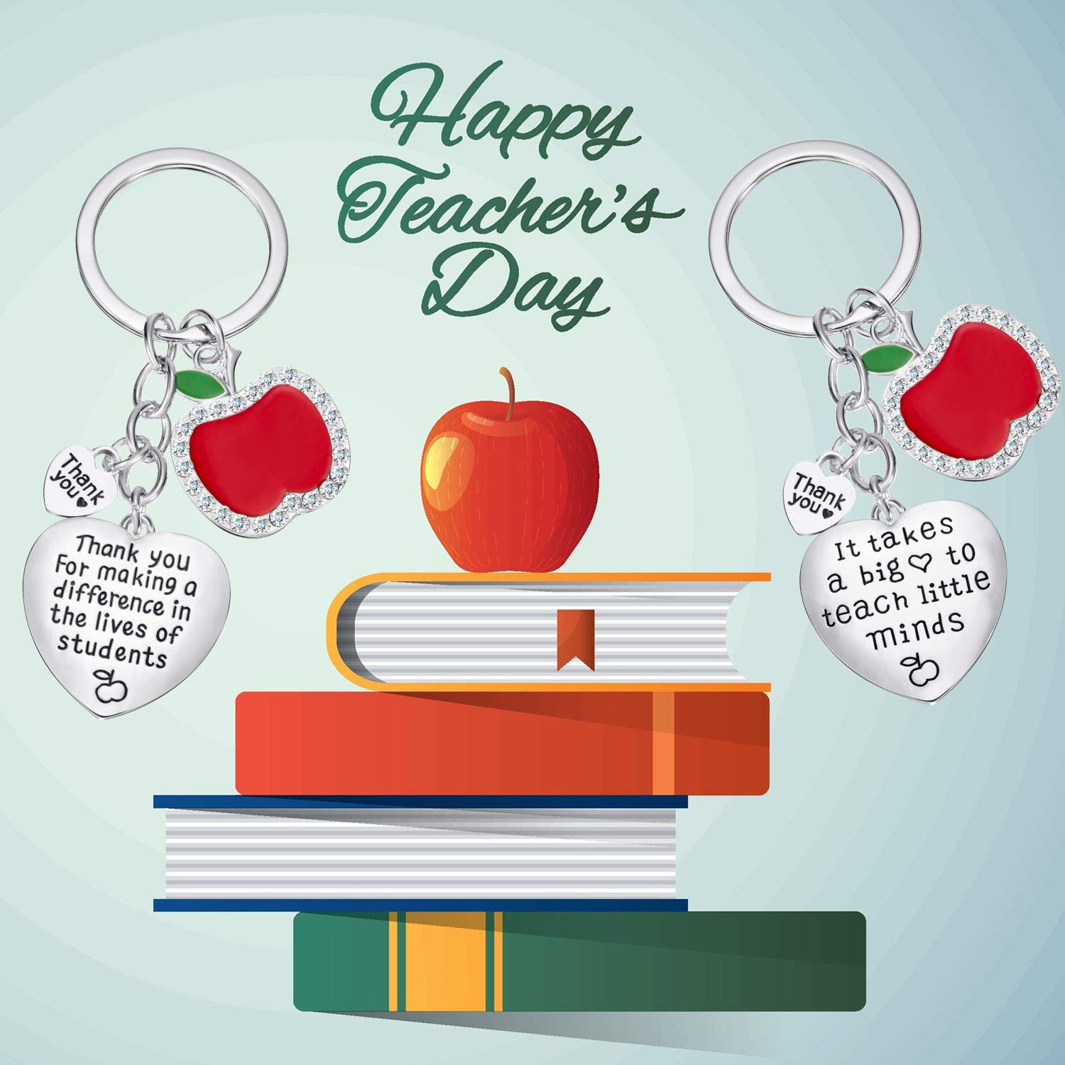5-Piece Teacher Keychain Set - Heart Charm Jewelry Keychain for Women & Men - Perfect Teacher Appreciation Gift, Thank You Present for Educators - Great for Back to School, Graduation, End of Year Gifts