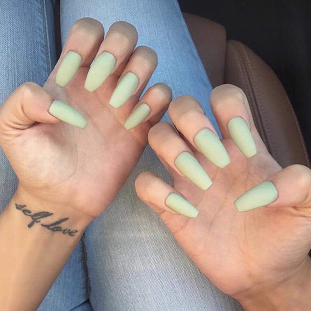 Poliphili 24Pcs Matte Medium Long Coffin Fake Nails - Press On Acrylic Nails with Full Coverage, Removable & Reusable, Grey Green - Perfect for Parties, Weddings, and Everyday Wear