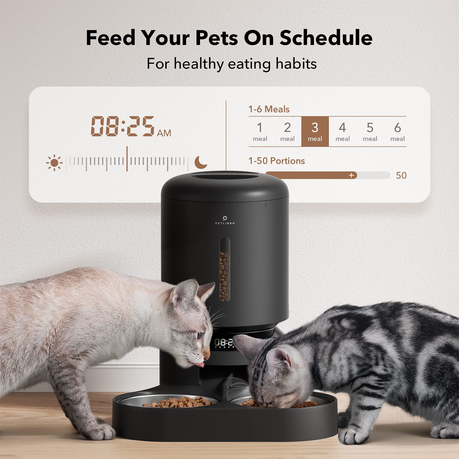 PETLIBRO Automatic Cat Feeder for 2 Cats - 5L Smart Dry Food Dispenser with Splitter & 2 Stainless Steel Bowls - 10s Meal Call, Timer Setting - 50 Portions, 6 Meals Daily - Perfect for Multi-Pet Homes & Vacation Feeding