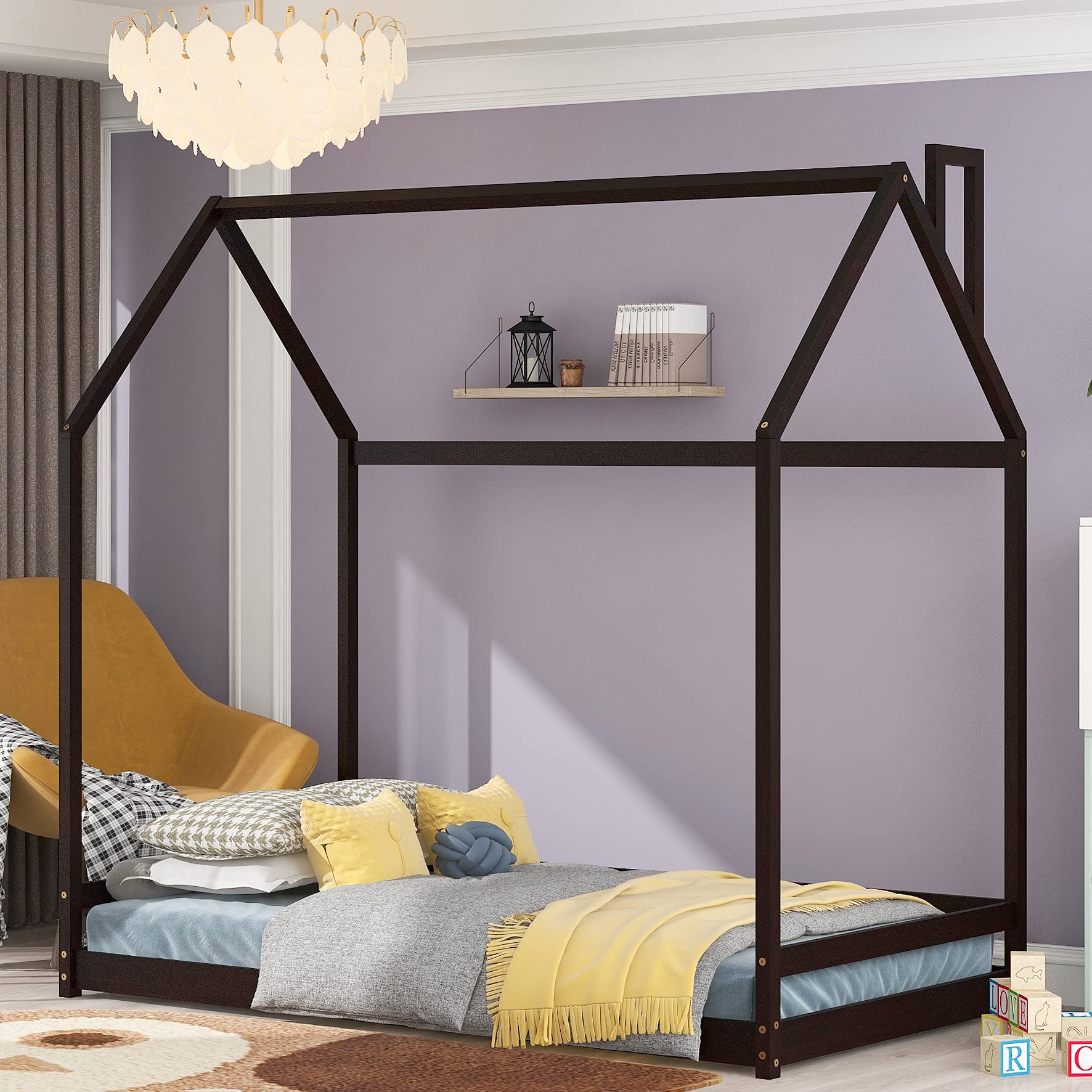 MERITLINE Full Size House Bed Frame with Roof - No Box Spring Needed - Perfect for Kids' Bedrooms, Playrooms & Cozy Reading Nooks