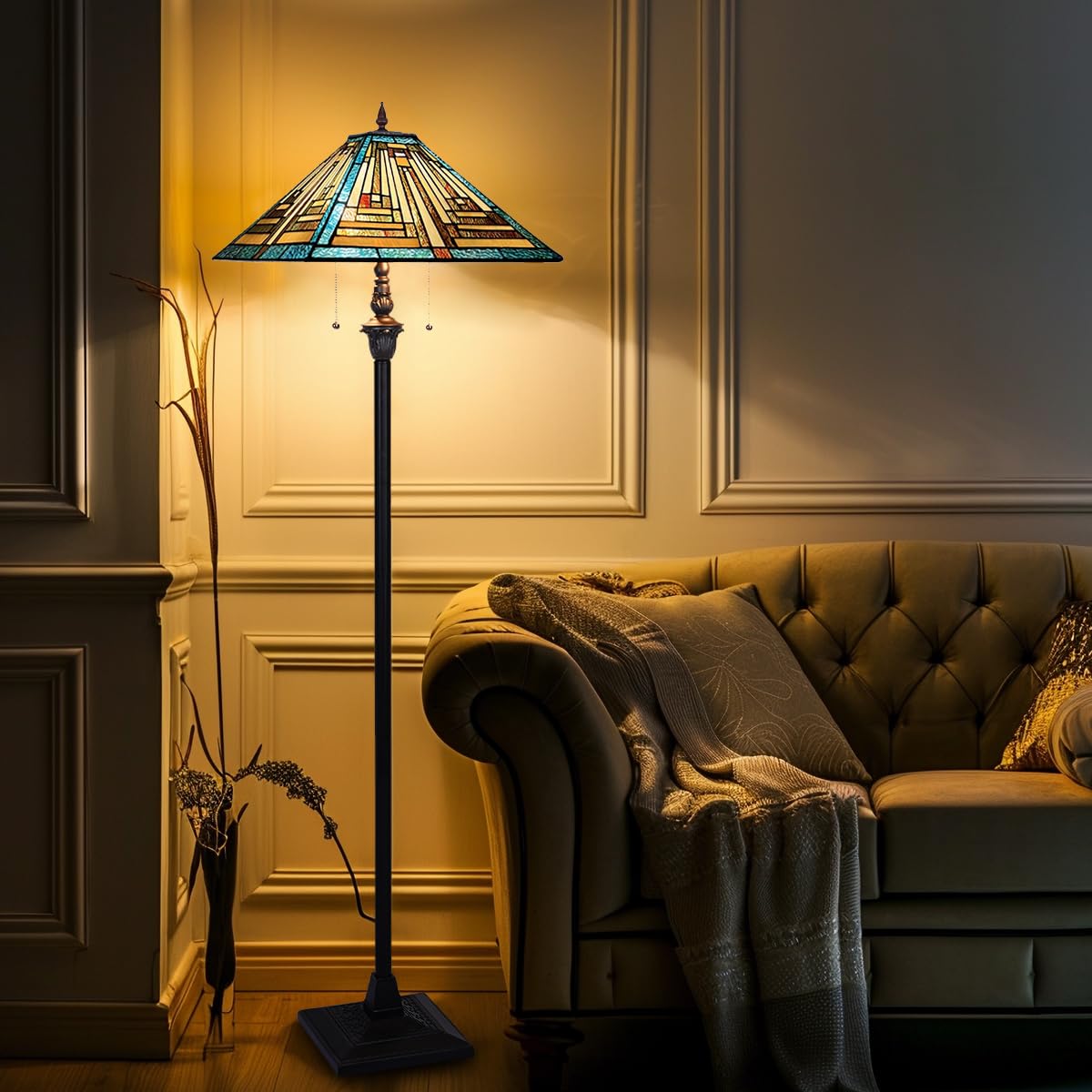 Tiffany Style Floor Lamp with Green Stained Glass - 16
