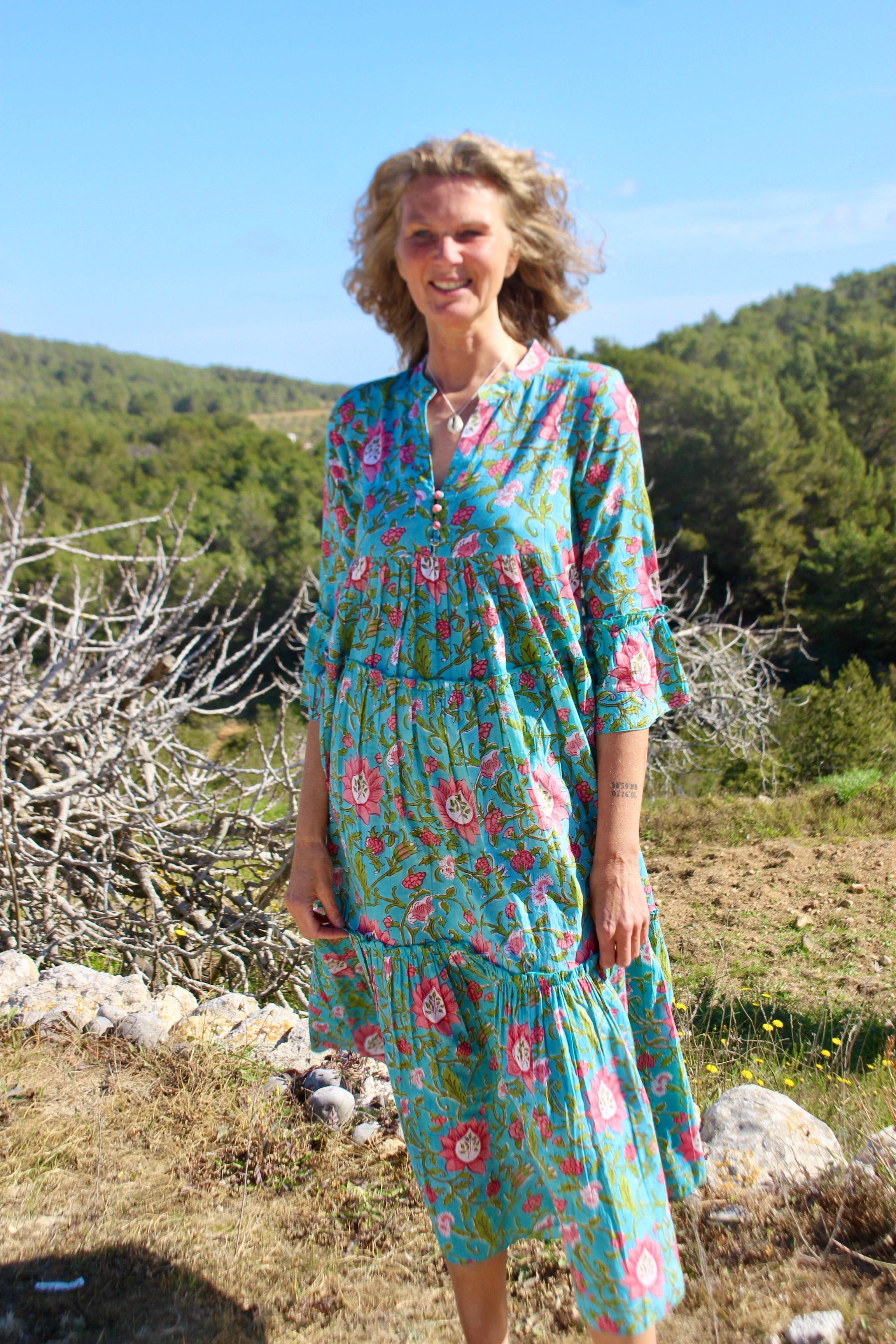 Geo Print Long Sleeve Maxi Dress - Turquoise Cotton Boho Chic Dress for Women | Perfect for Beach Vacations, Summer Outings & Casual Wear