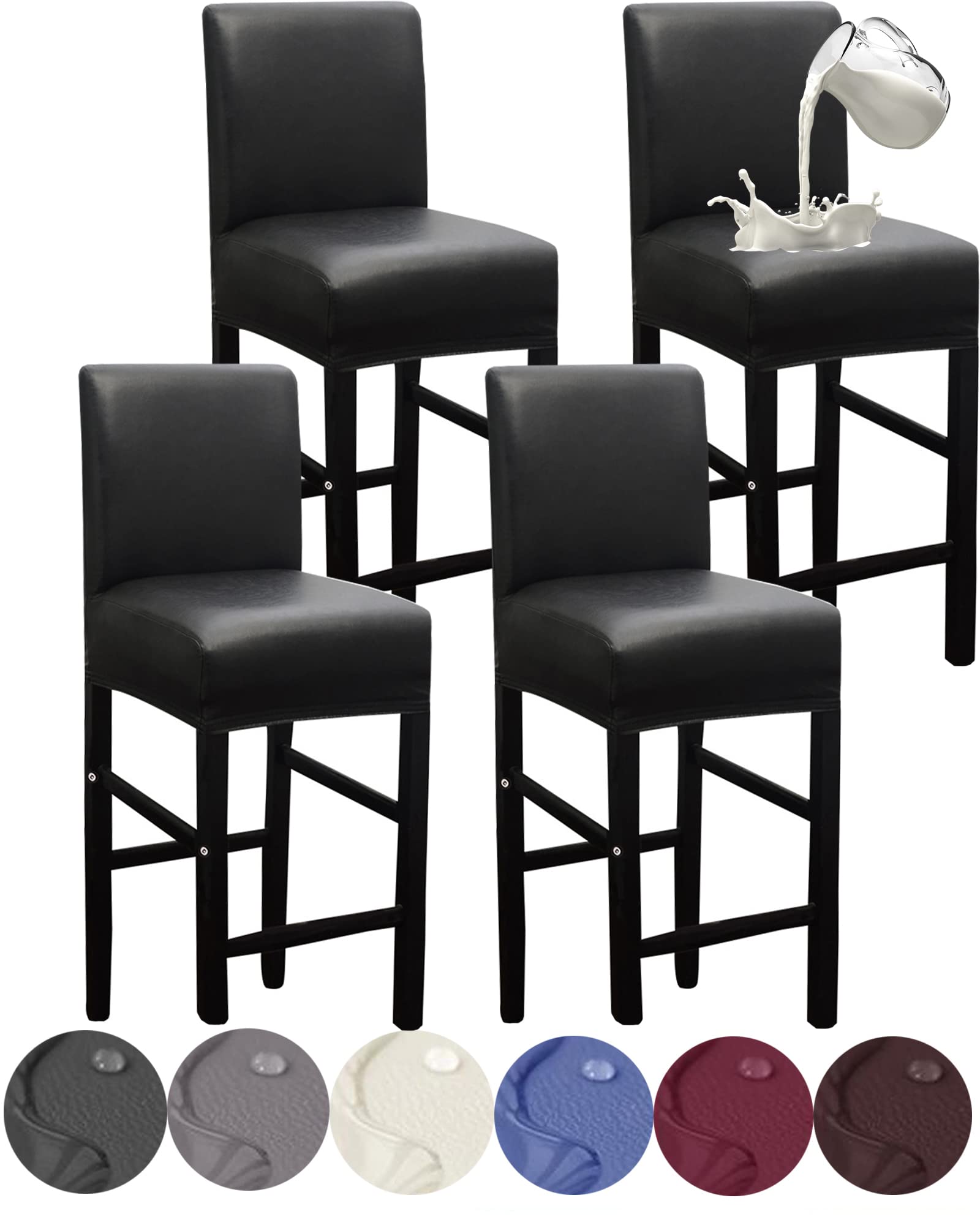 4 Pack Stretch Waterproof PU Bar Stool Covers with Backs - Elastic Slipcovers for Pub, Counter & Kitchen Stools - Black - Perfect for Home, Restaurant & Bar Decor