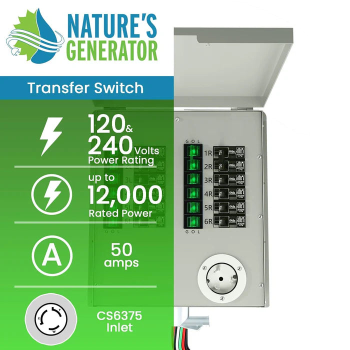 Natures Generator 12 Circuit 120/240V 50A Manual Power Transfer Switch for Home Backup Power & Emergency Use