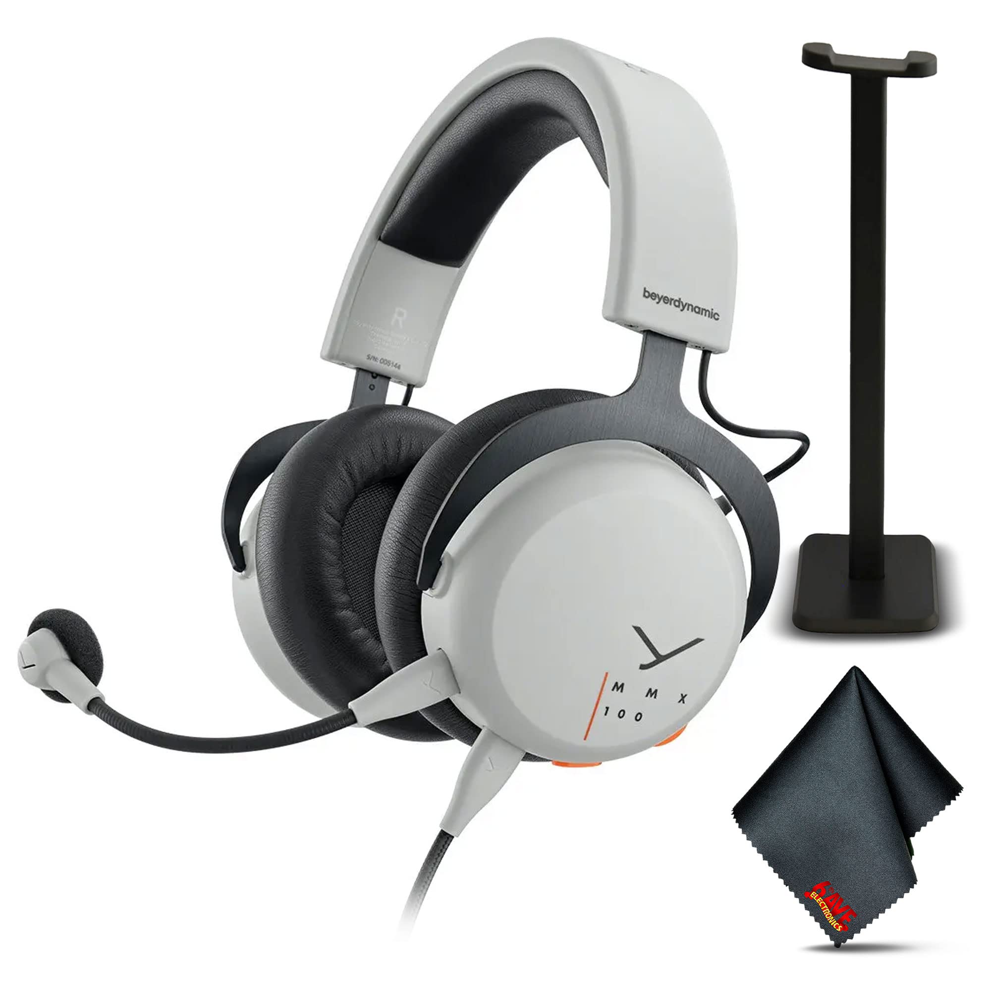 Beyerdynamic MMX 100 Professional Gaming Headset (Grey) with 6Ave Headset Stand & Cleaning Cloth Bundle - Noise Cancelling Mic, Comfortable Ear Pads for PC, PS5, Xbox Gaming & Streaming