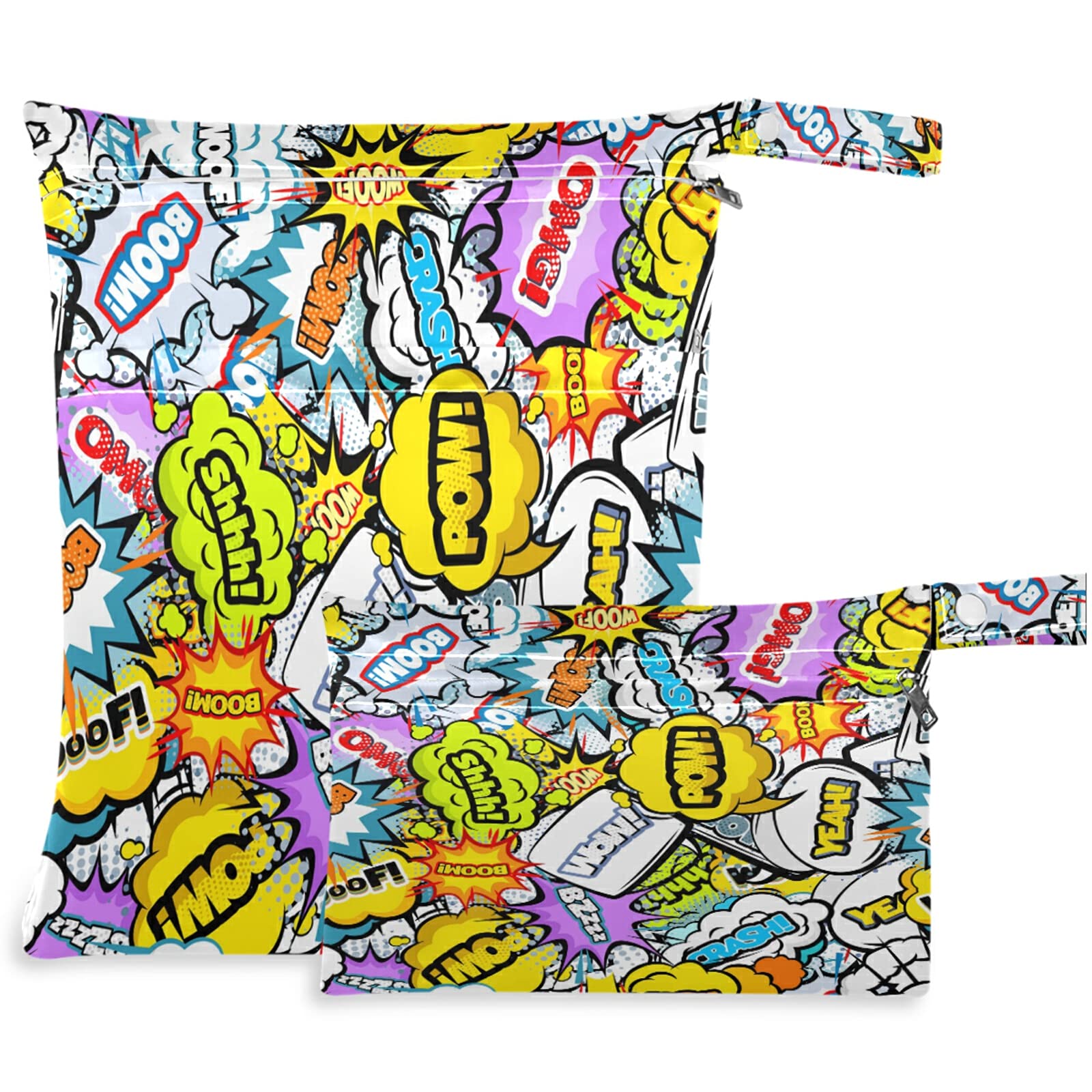 Visesunny 2-Pack Waterproof Wet Bags with Zipper Pockets - Colorful Speech Bubble & Cloud Design - Reusable Washable Storage for Swimsuits, Gym Clothes, Diapers - Perfect for Travel, Beach, Pool, Daycare, Stroller & Sports Activities