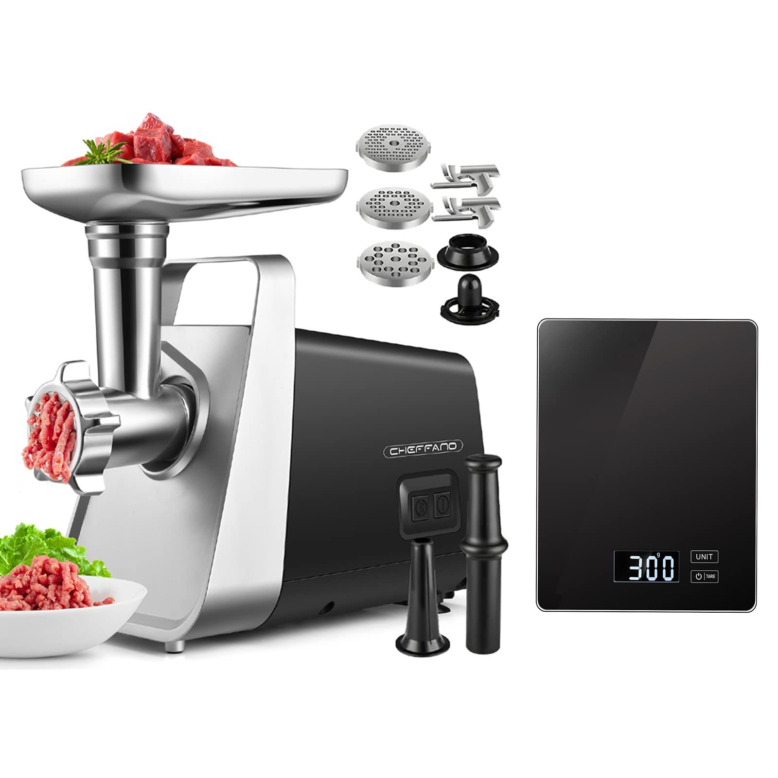 CHEFFANO Electric Meat Grinder with Digital Scale - Heavy Duty 1000W, 3 Grinding Plates & Sausage Stuffer - Perfect for Home Kitchen, Butcher Shop & BBQ Parties (Black)