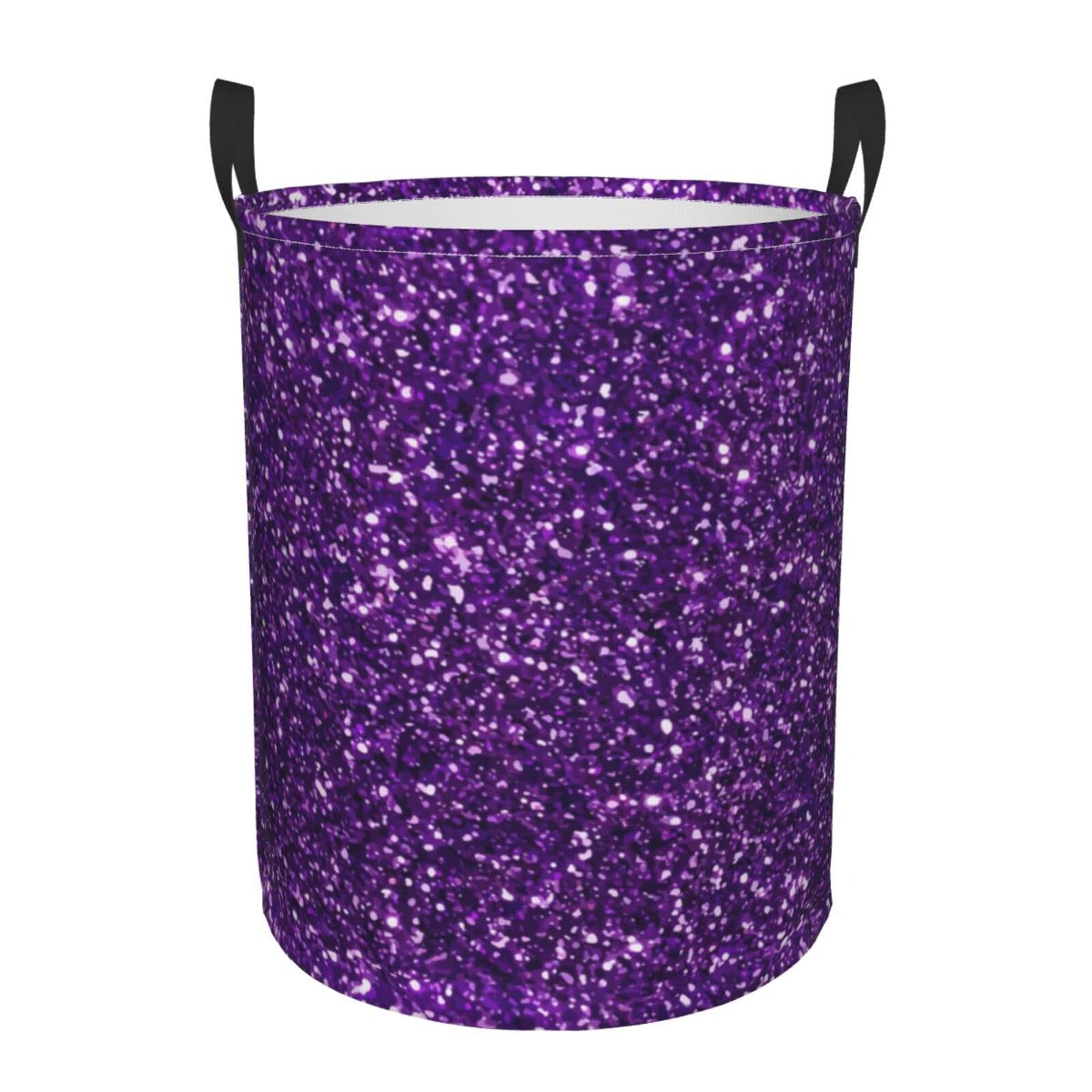 YINSING Purple Glitter Collapsible Laundry Basket with Handle - Waterproof Fabric Hamper for Clothes, Toys & Bathroom Storage - Foldable Organizer Bin for Dirty Laundry, Bedroom & Dorm Room Essentials (Small)