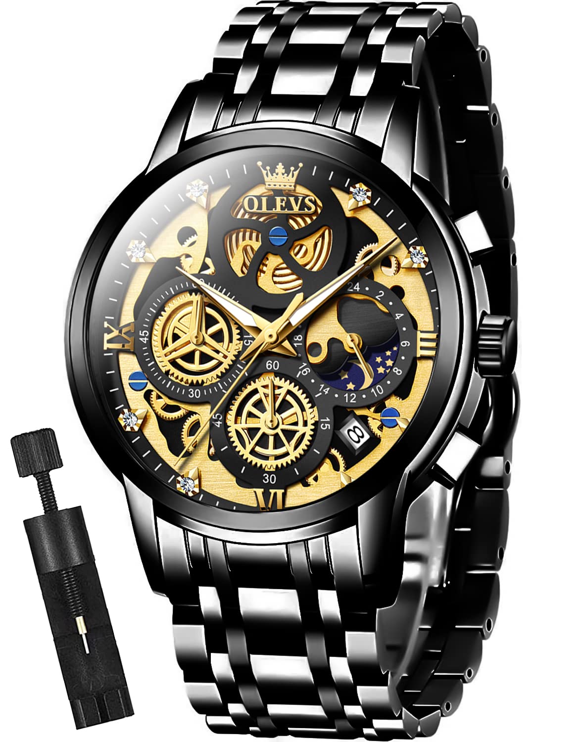 OLEVS Men's Luxury Chronograph Watch with Diamond Accents - Stainless Steel Analog Quartz Wristwatch, Waterproof & Luminous - Perfect for Business, Dress Occasions & Everyday Wear
