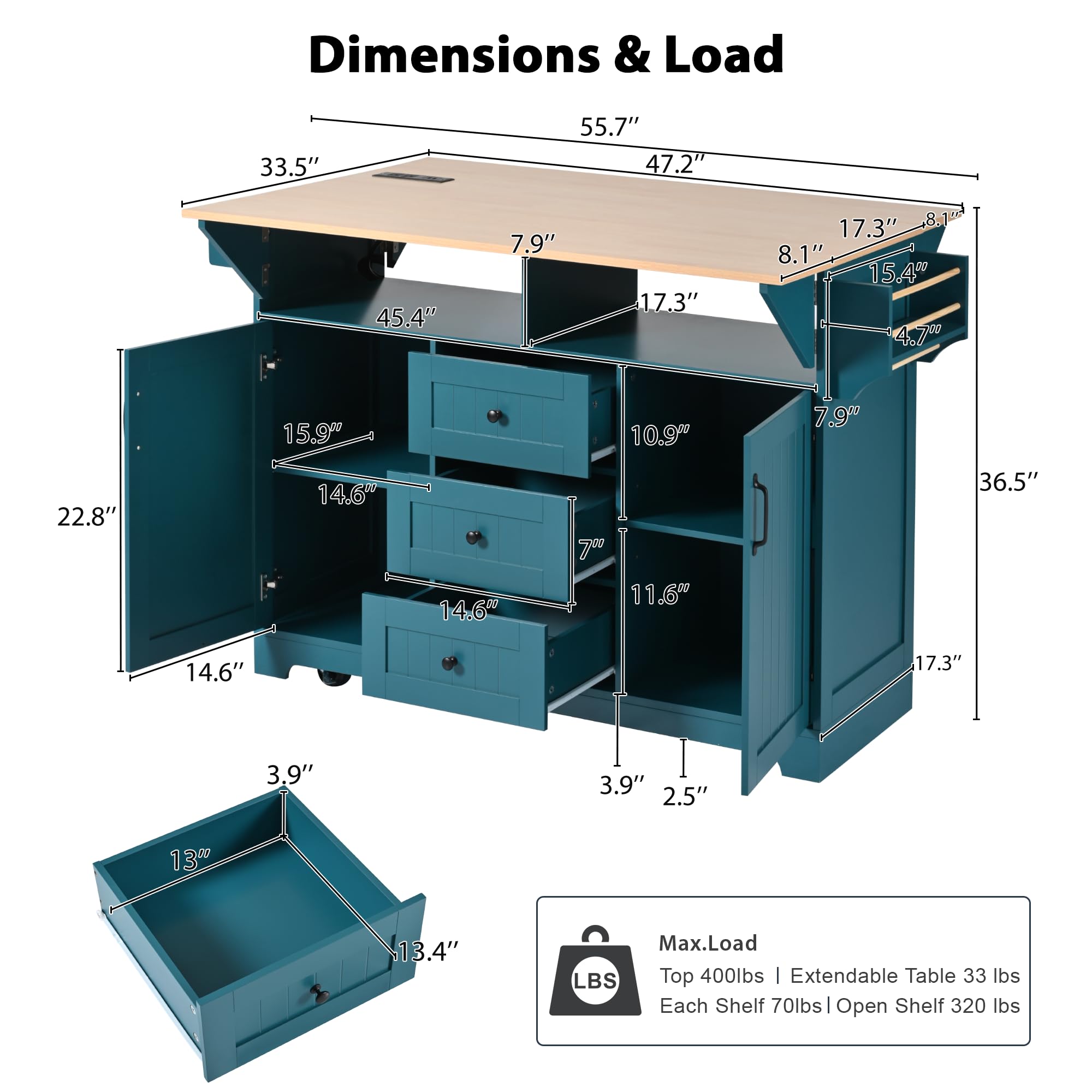 Rolling Kitchen Island Cart with Power Outlets, Drop Leaf Countertop & Storage - Mobile Kitchen Workstation with Barn Door Cabinet and Tower Rack for Cooking, Baking & Entertaining