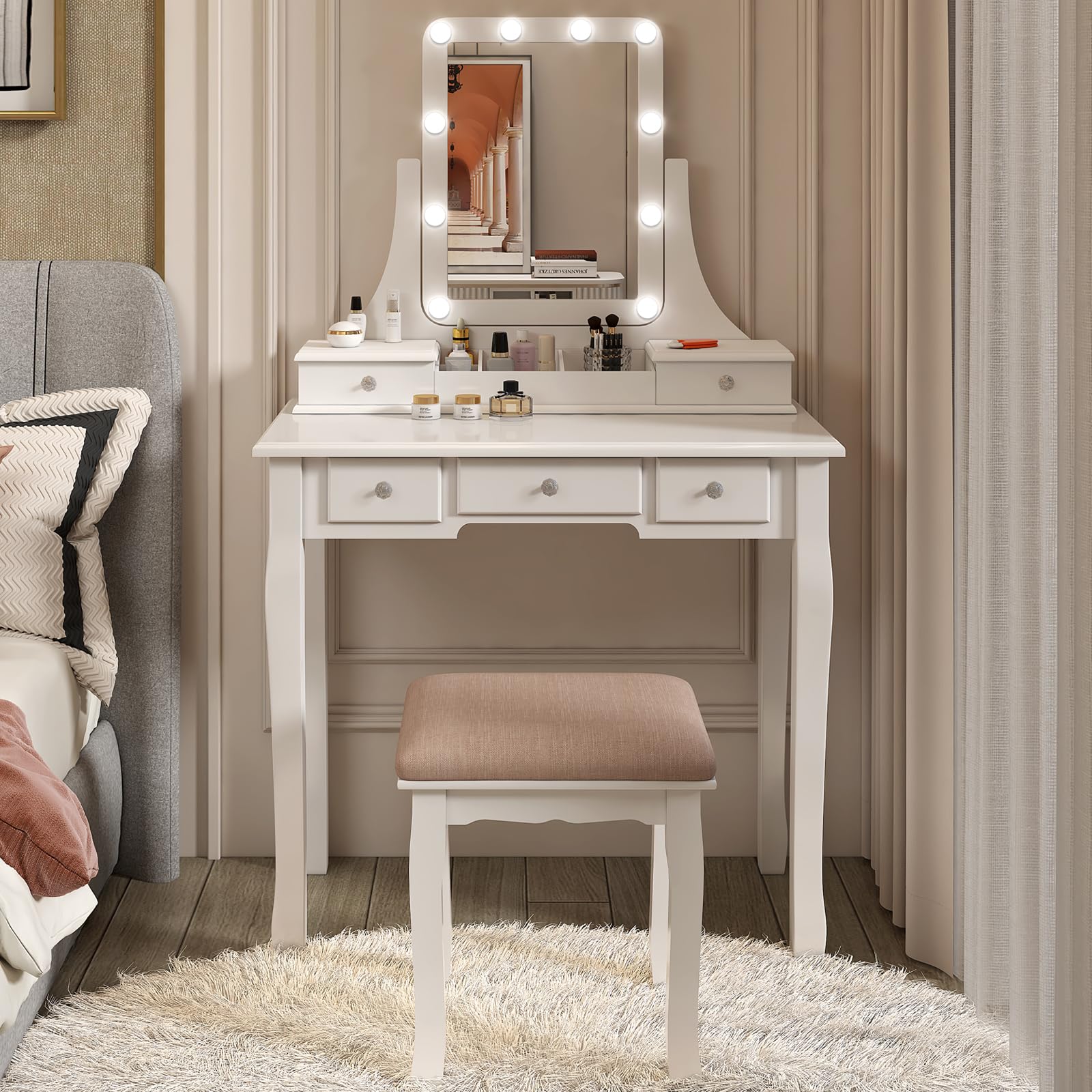 White Vanity Table with Lights & 5 Drawers - 360° Rotating Mirror Makeup Vanity Set for Bedroom, Dressing Room & Beauty Salon | LED Illuminated Vanity Desk with Storage