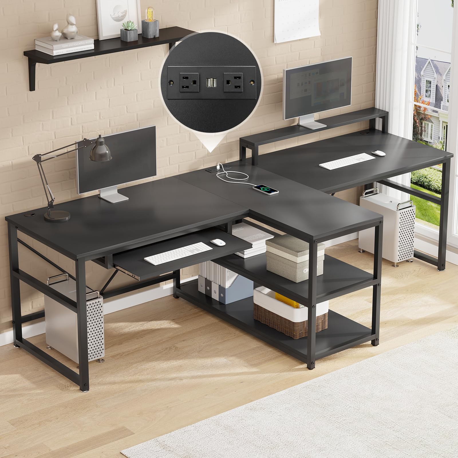 SEDETA 94.5 Inch Large Two Person Gaming Desk with LED Lights, Storage Shelves & USB Power Strip - Home Office Computer Desk with Keyboard Tray & Monitor Stand for Gamers & Remote Workers (Black) | Perfect for Multiplayer Gaming, Shared Workspaces & Home Office Setups