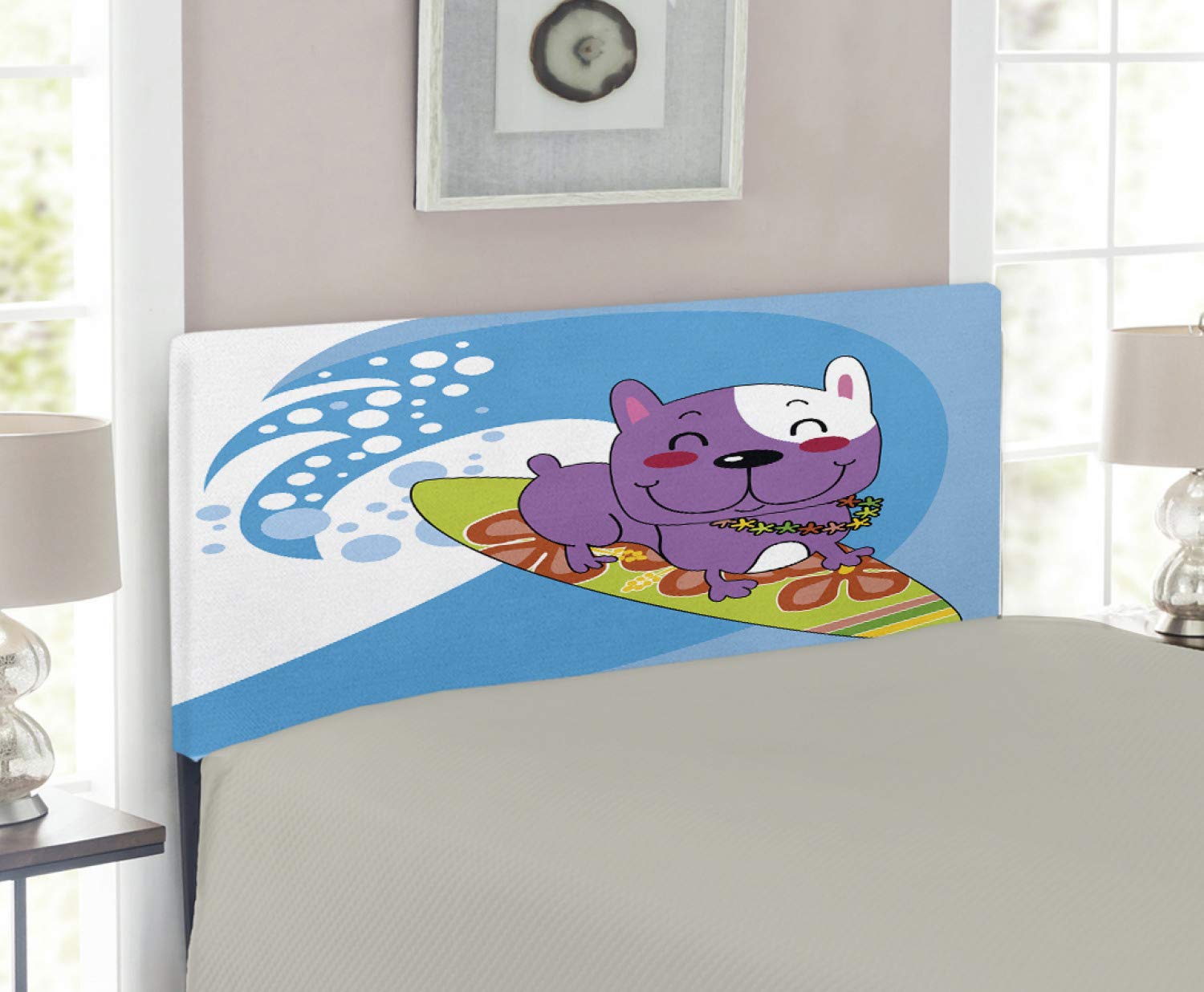 Ambesonne Ride The Wave Upholstered Headboard - French Bulldog Surfing Cartoon Design, Twin Size Decorative Metal Bed Headboard with Memory Foam, Multicolor - Perfect for Kids' Rooms, Beach-Themed Bedrooms & Pet Lover Home Decor