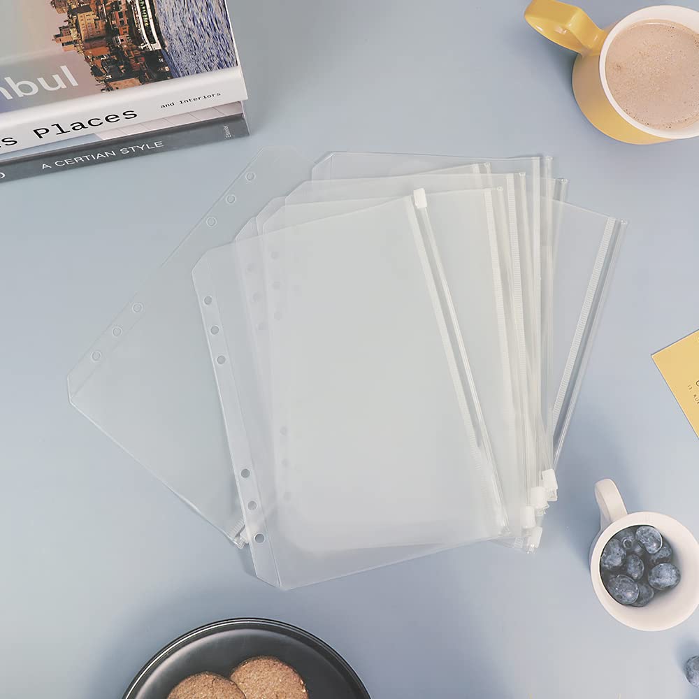 12 Pack A5 Clear Plastic Zipper Binder Envelopes - Waterproof PVC Pockets for 6-Ring Loose Leaf File Folders, Refillable Planner Covers - Perfect for School, Office & Document Organization