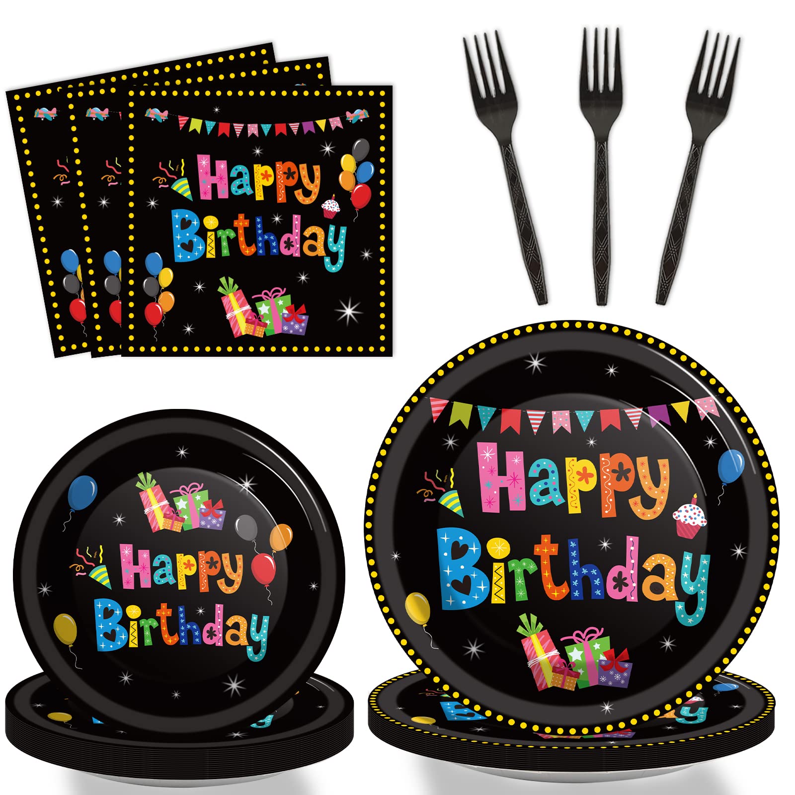 96PCS Happy Birthday Party Tableware Set - Colorful Disposable Plates, Napkins & Forks for 24 Guests - Black Birthday Theme Dinnerware for Boys & Girls - Perfect for Birthday Celebrations, Dessert Parties & Kids Events