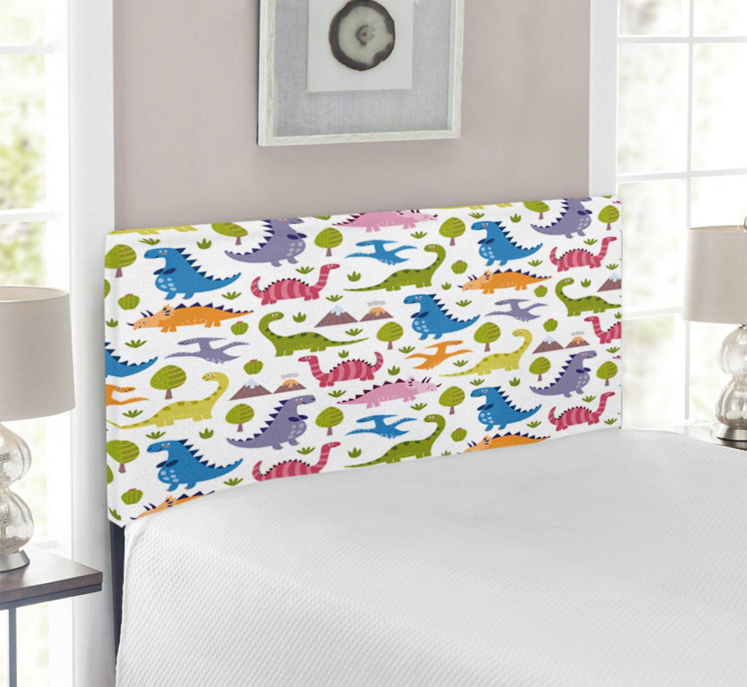 Ambesonne Dino Headboard - Colorful Cartoon Dinosaur Design with T-Rex & Triceratops - Upholstered Metal Bed Headboard with Memory Foam - Twin Size Multicolor - Perfect for Kids' Bedroom & Dinosaur Theme Decor