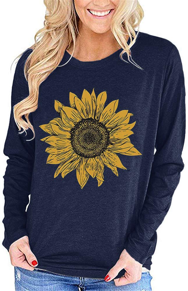 Women's Sunflower Graphic T-Shirt - Cute Funny Long Sleeve Cotton Casual Top for Women | Perfect for Everyday Wear, Outings & Photo Shoots