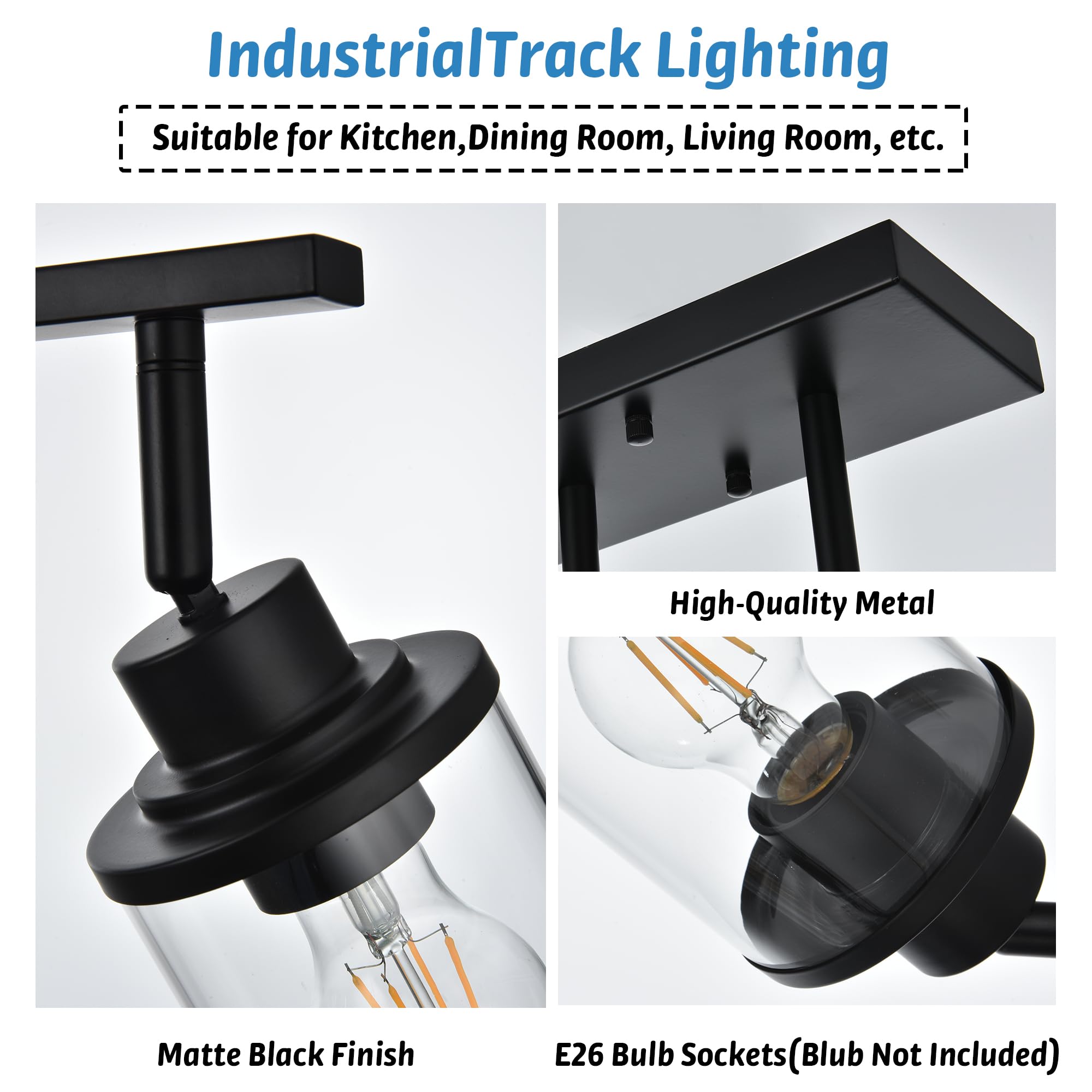 6-Light Black Industrial Track Lighting Kit with Rotatable Heads & Clear Glass Shades - Perfect for Bathroom Vanity, Kitchen Ceiling, and Over Mirror Lighting