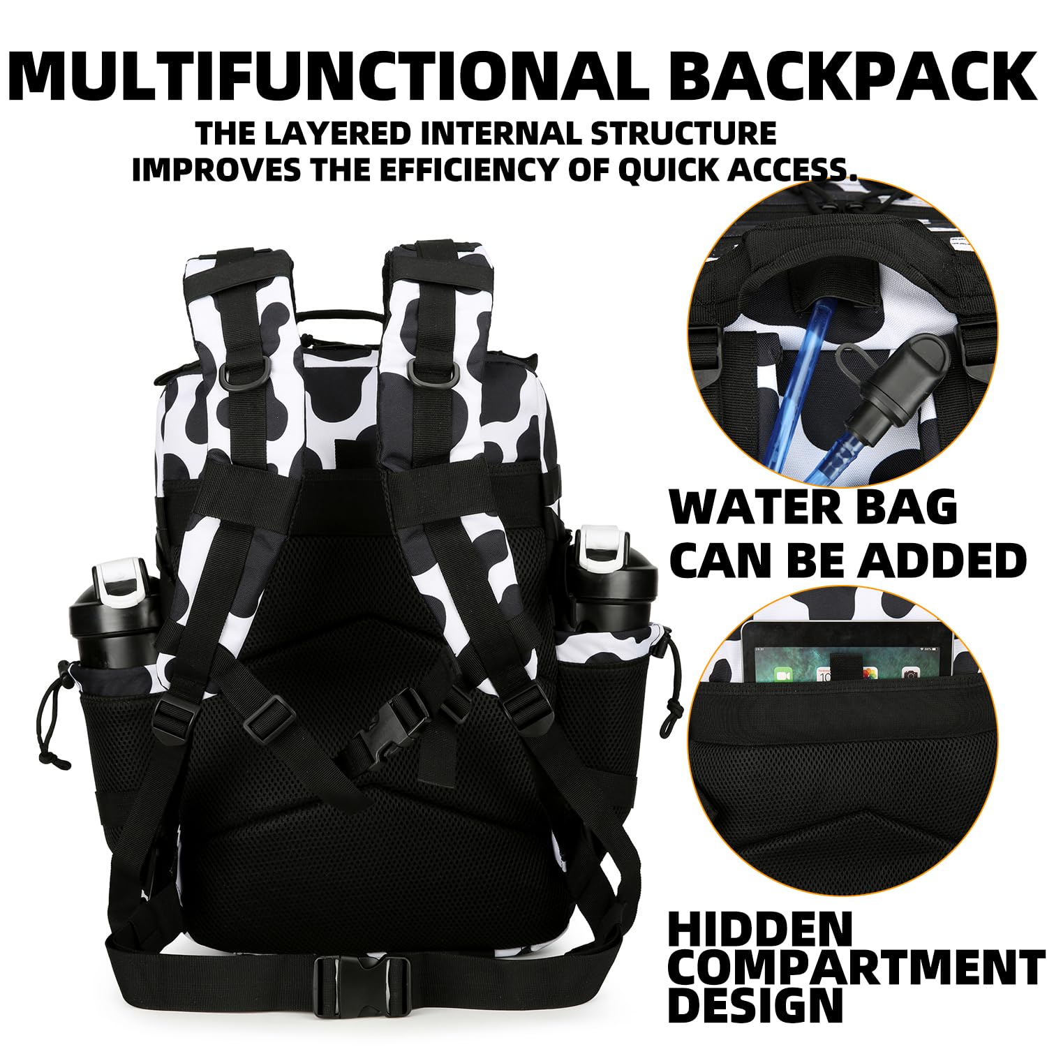 25L Tactical Backpack - Military Grade Molle Backpack for Men & Women - Small Assault Pack for Outdoor Travel, Hiking, Camping & Survival Gear - Durable Cow Print Rucksack for Adventure & Everyday Use