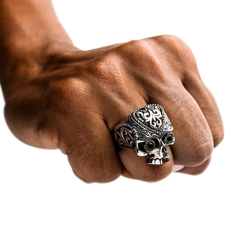 Green Eyes Tribal Ethnic Skull Sterling Silver Biker Ring for Men - Gothic Punk Jewelry - Perfect for Motorcycle Riders, Rock Concerts & Edgy Fashion