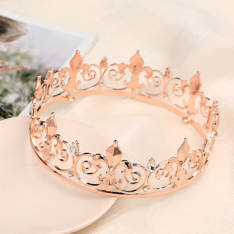 Royal Full King Queen Crown Metal Crowns & Tiaras - Rose Gold Costume Jewelry for Cosplay, Homecoming, Prom, Wedding & Birthday Parties - Perfect for Men & Women as Gifts or Event Decorations