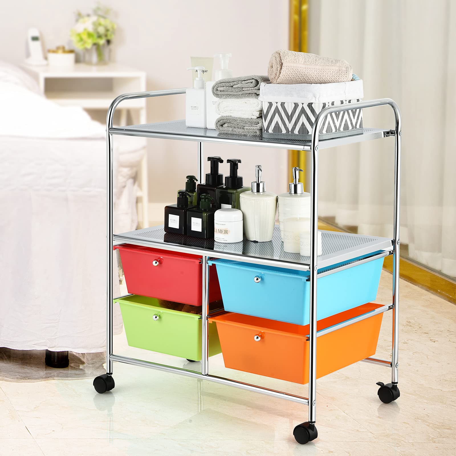 4-Drawer Rolling Cart with 2 Shelves - Mobile Storage Organizer for Home Office & Salon