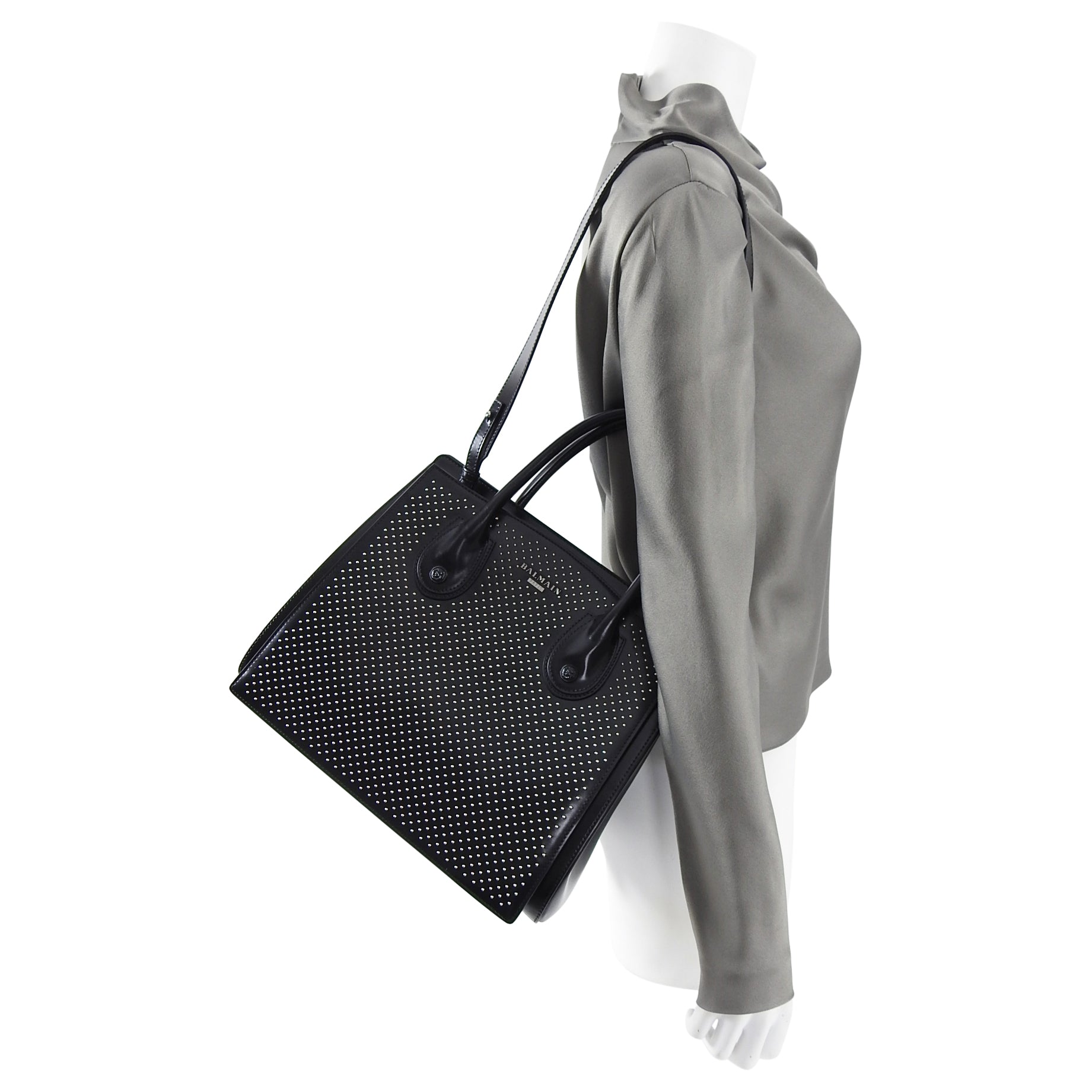 Balmain Black Studded Leather Top Handle Satchel Bag for Women - Luxury Designer Handbag for Work, Evening & Special Occasions
