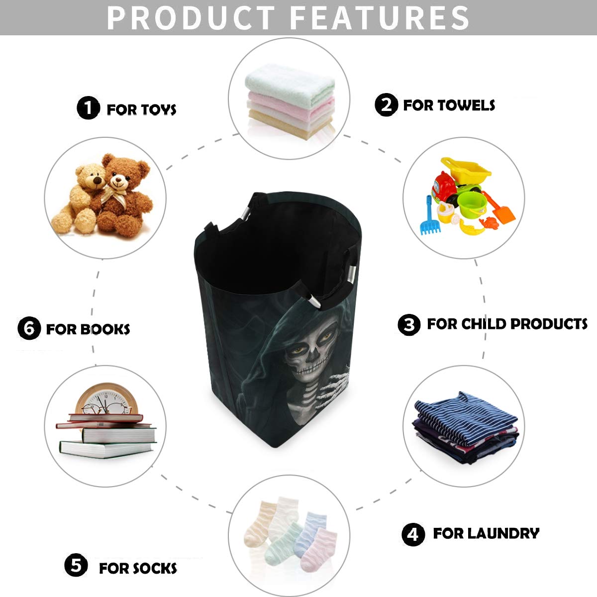 Visesunny Large Collapsible Laundry Hamper - Black Skull Witch Design, Foldable Oxford Fabric Laundry Basket with Handles, Waterproof Dirty Clothes Storage Bin for Washing Machine, Perfect for Dorm, Apartment & Travel Laundry Organization