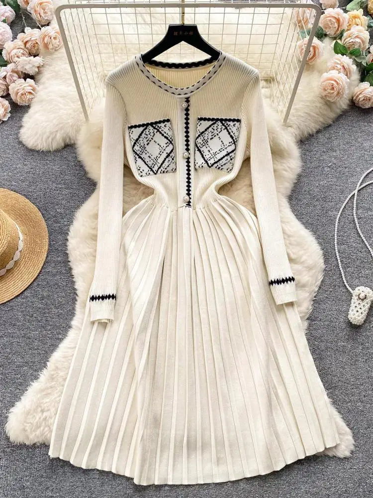 Beige Patchwork Knit Sweater Dress for Women - Long Sleeve Elegant Korean Style Slim Fit Casual Winter Dress with Black Pleated Details | Perfect for Autumn Outfits, Office Wear & Holiday Parties