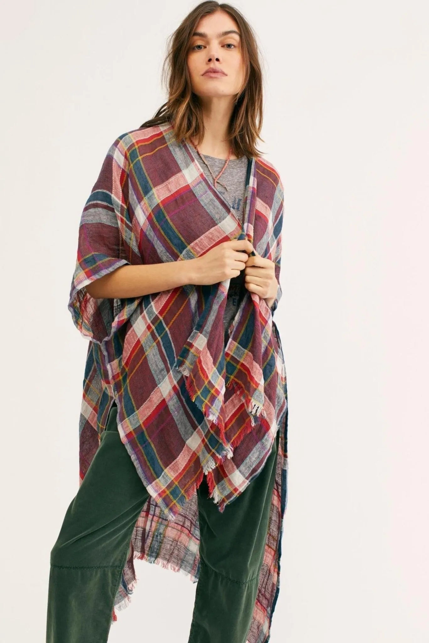 Stylish Linen Cotton Plaid Kimono Robe - Lightweight & Breathable for Women - Perfect for Lounge, Beach Cover-Up & Boho Outfits