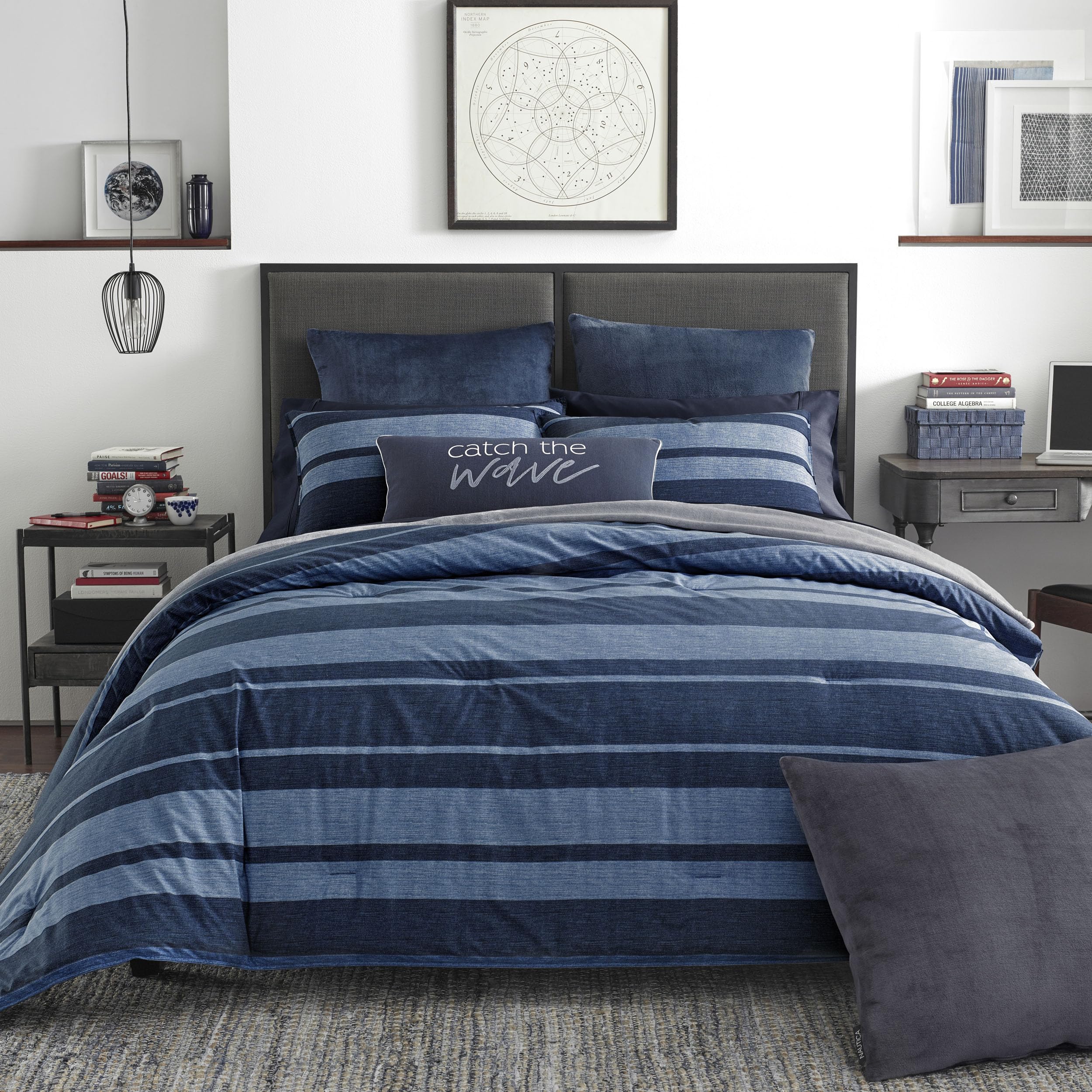 Nautica Queen Comforter Set - 100% Cotton Reversible Bedding with Matching Shams | Stylish Navy Blue Home Decor for Master Bedroom | Cozy & Breathable All-Season Bedding Set (Longpoint Blue, Queen Size)