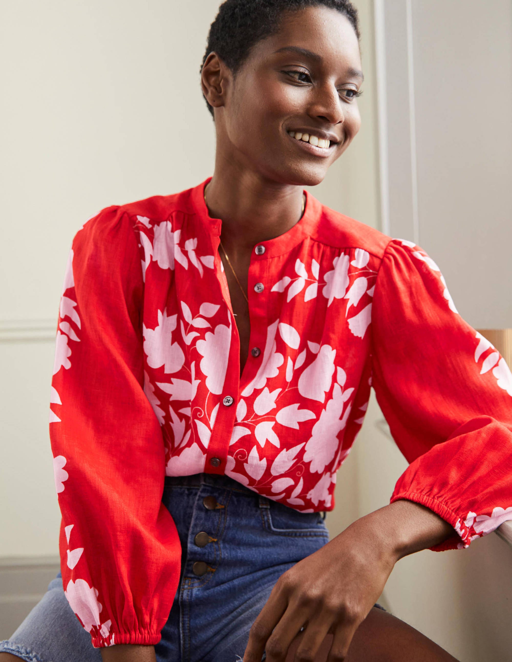 Becky Full Sleeve Linen Blouse Dragon Red - Women's Bohemian Wildflower Prairie Top for Casual Wear, Office & Date Night