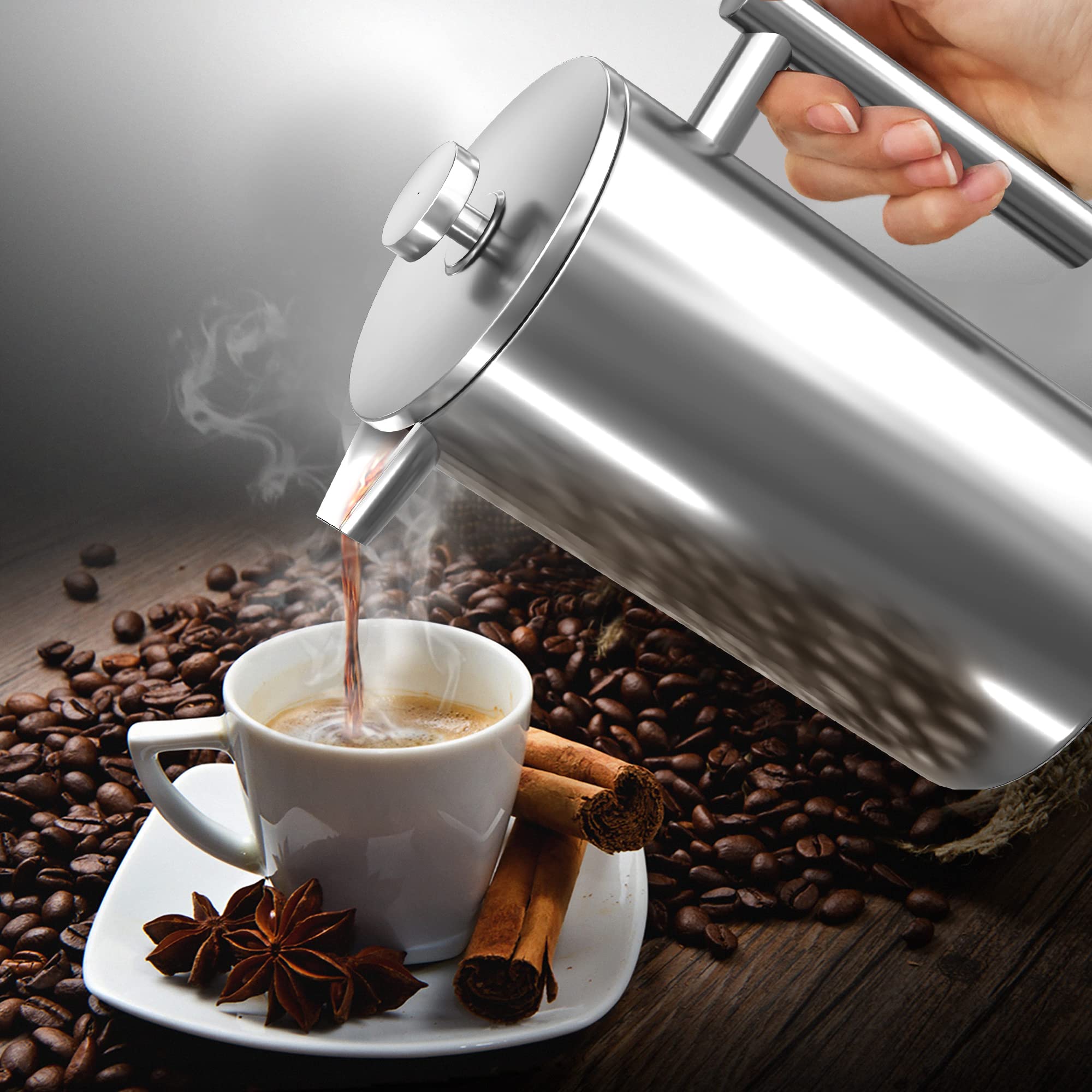 Premium 17 Oz Stainless Steel French Press Coffee Maker - Ideal for Tea, Cold Brew & Travel - Durable & Portable for Camping, Home & Office Use - Perfect Gift for Coffee & Tea Lovers (Silver)