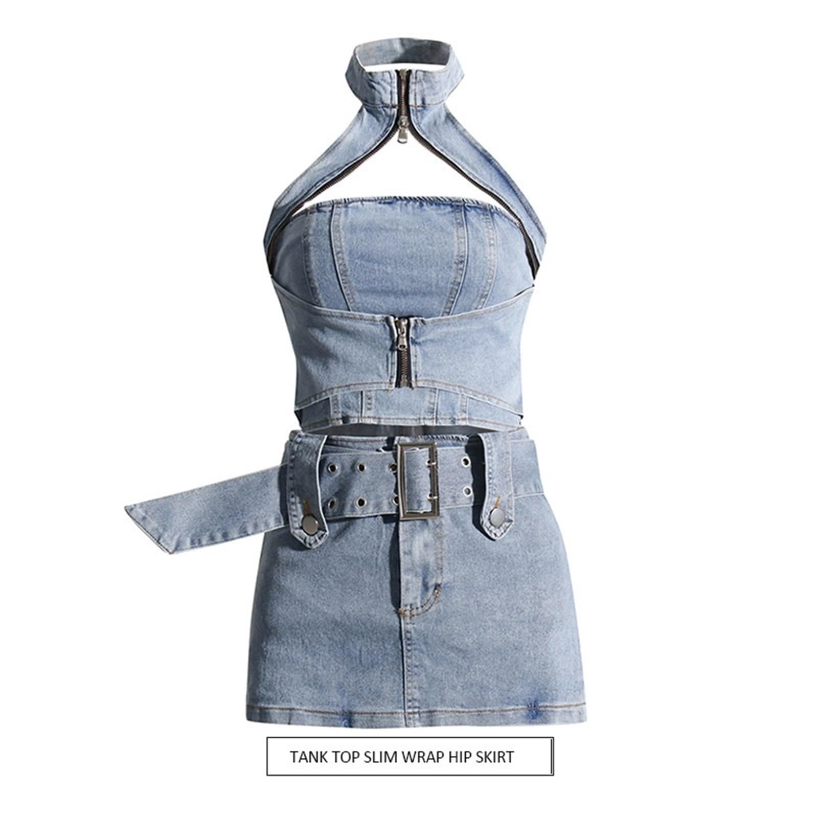 Women's 2-Piece Denim Outfit Set - Summer Backless Halter Top & Mini Skirt Jeans Suit (Blue, Small) | Casual Streetwear, Beach Party, Date Night Outfits
