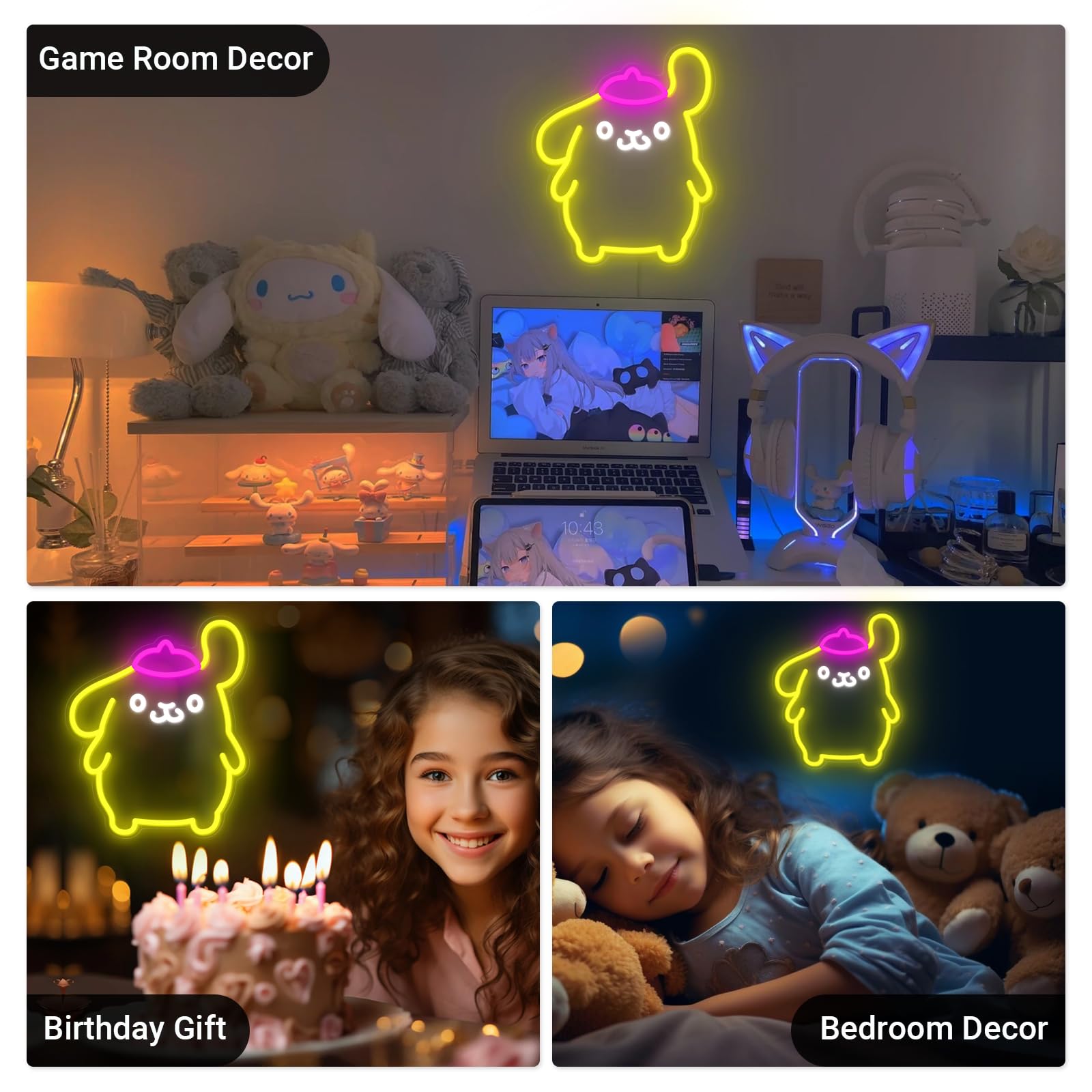 Pom Purin Neon Sign - 3D Anime LED Wall Light for Bedroom, Game Room & Apartment Decor | Cute Japanese Cartoon Dog Night Light Gift for Kids & Teens | 14-Inch Lemon Yellow & Pink | Perfect for Anime Themed Rooms, Birthday Gifts & Kawaii Home Decor