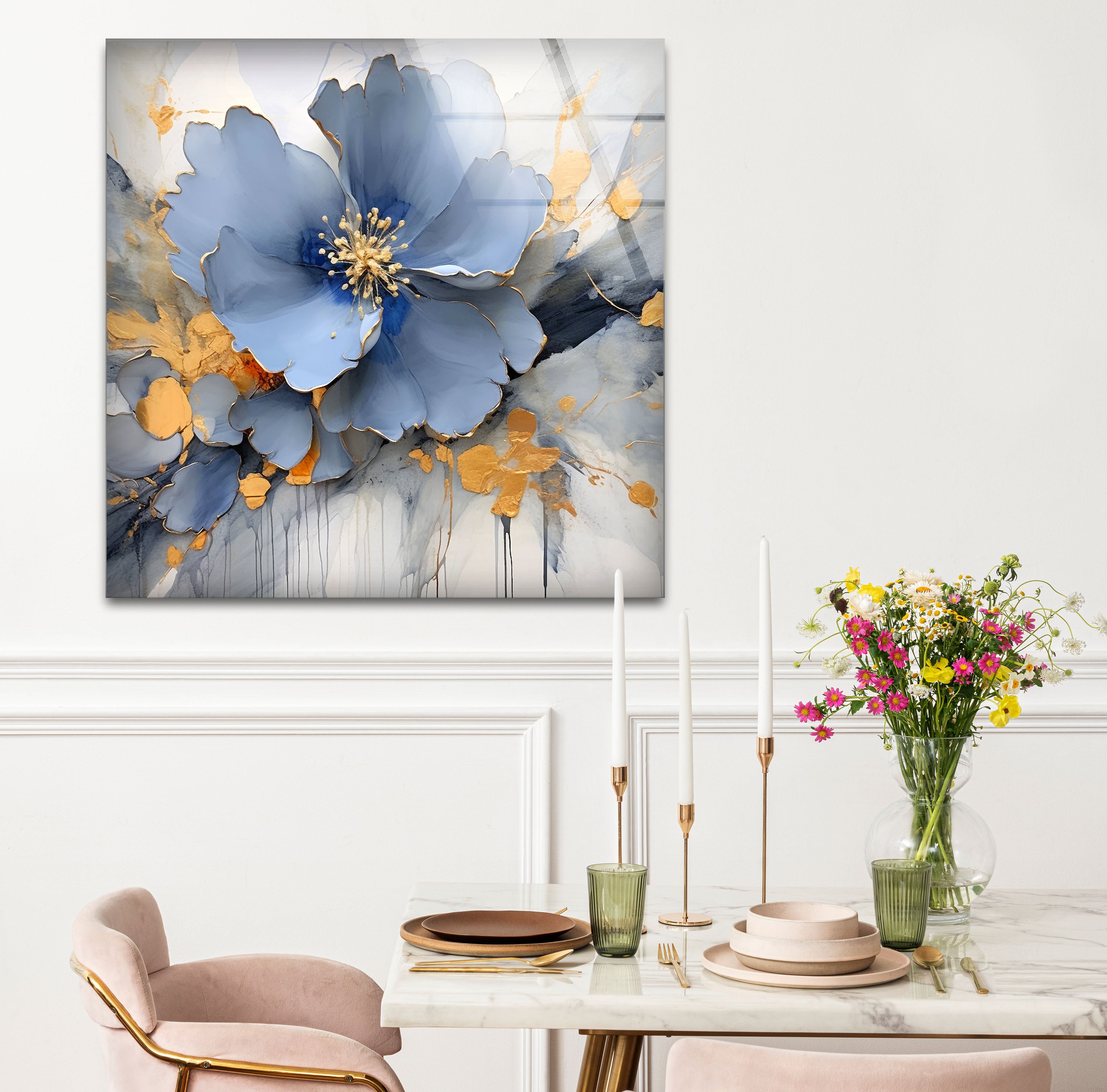 Blue Gold Blossom Wall Art - Elegant Floral Glass Print for Home Décor | Modern Botanical Painting for Living Room, Bedroom & Office | Perfect Housewarming Gift