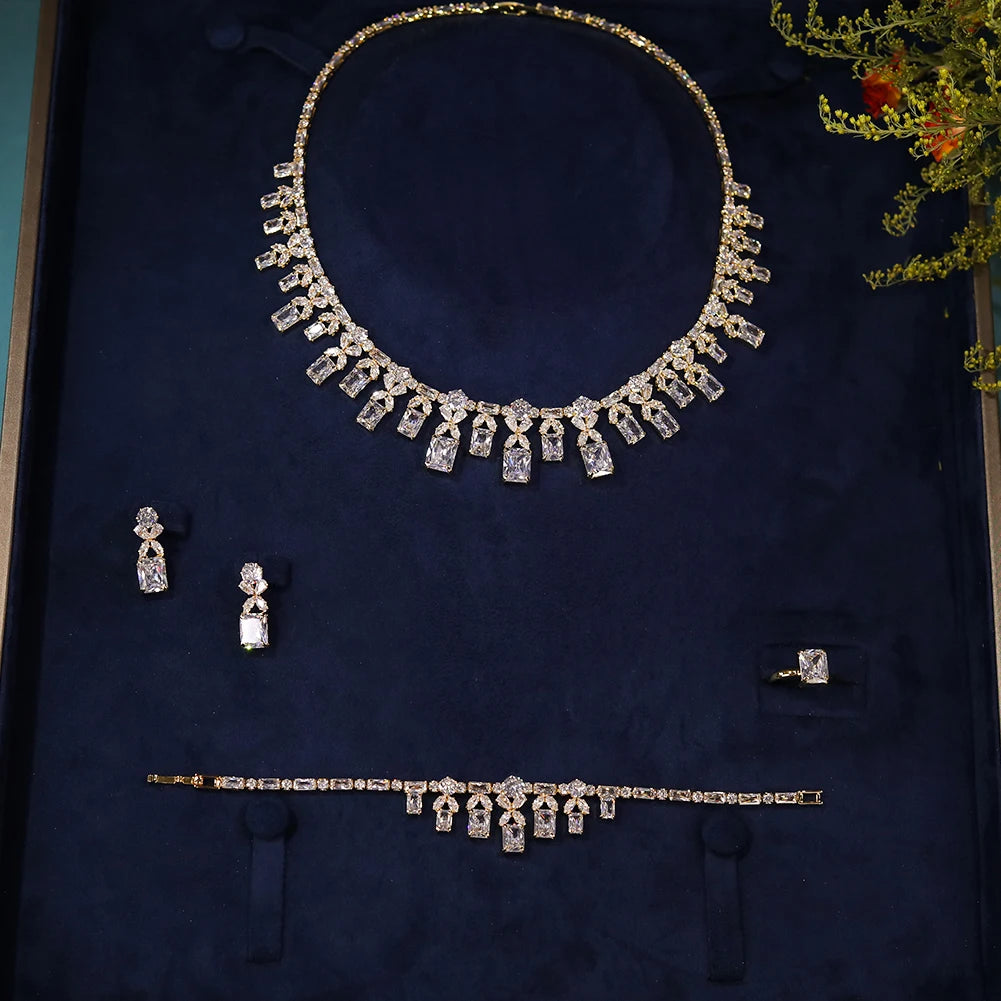 Luxury 4PCS Dubai Jewelry Set for Women - Gold Plated Bridal Necklace, Bracelet, Earrings & Ring Set - Perfect for Weddings, Parties & Special Occasions