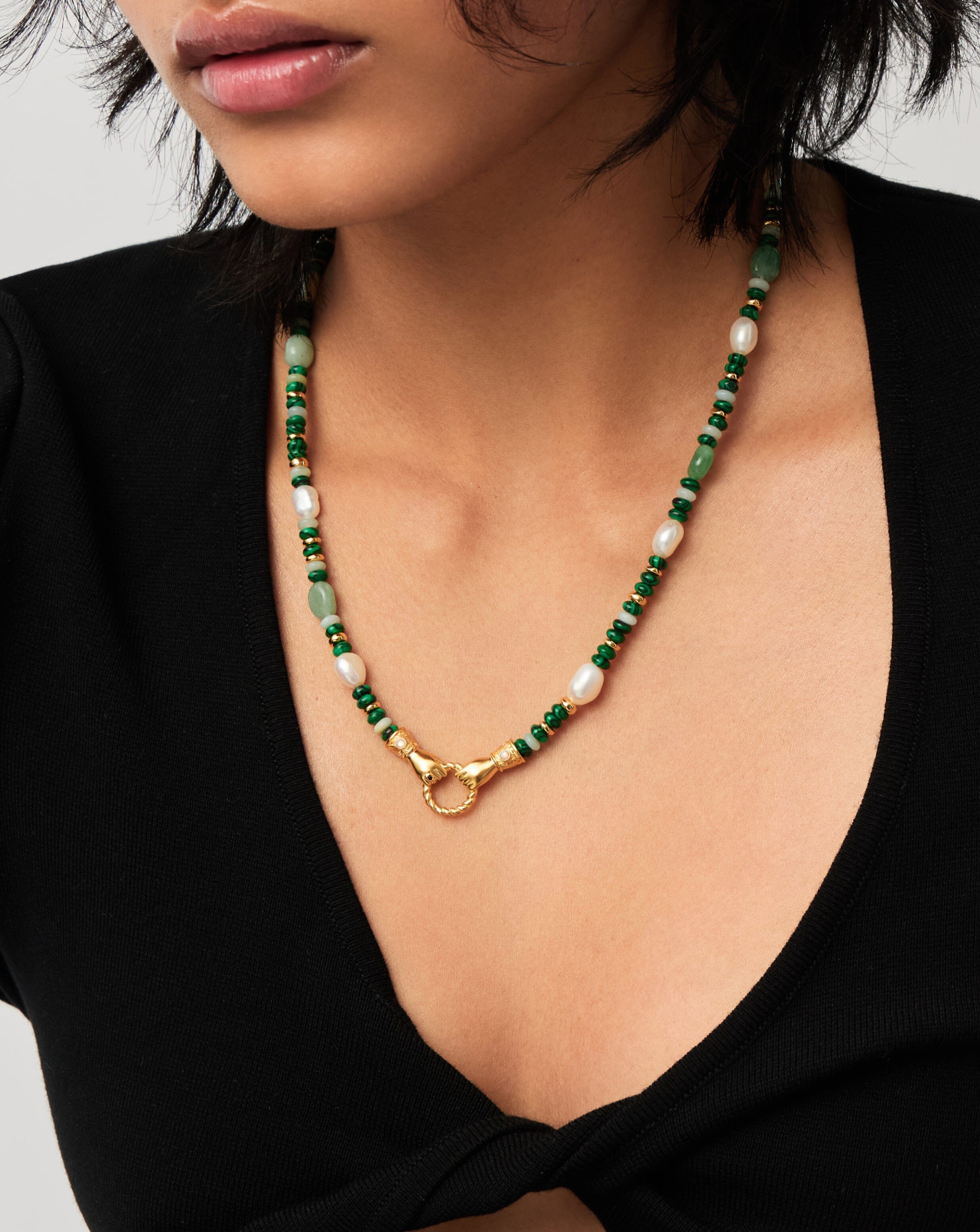 Harris Reed In Good Hands Beaded Gemstone Necklace - 18k Gold Plated Multi Green Gemstone & Pearl Statement Jewelry for Women | Perfect for Weddings, Parties & Special Occasions