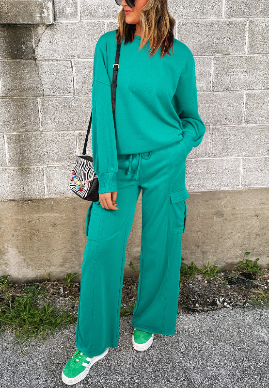 Women's Casual Full Size Round Neck Long Sleeve Top & Drawstring Pants Lounge Set - Comfortable Outfit for Home, Yoga, and Relaxation