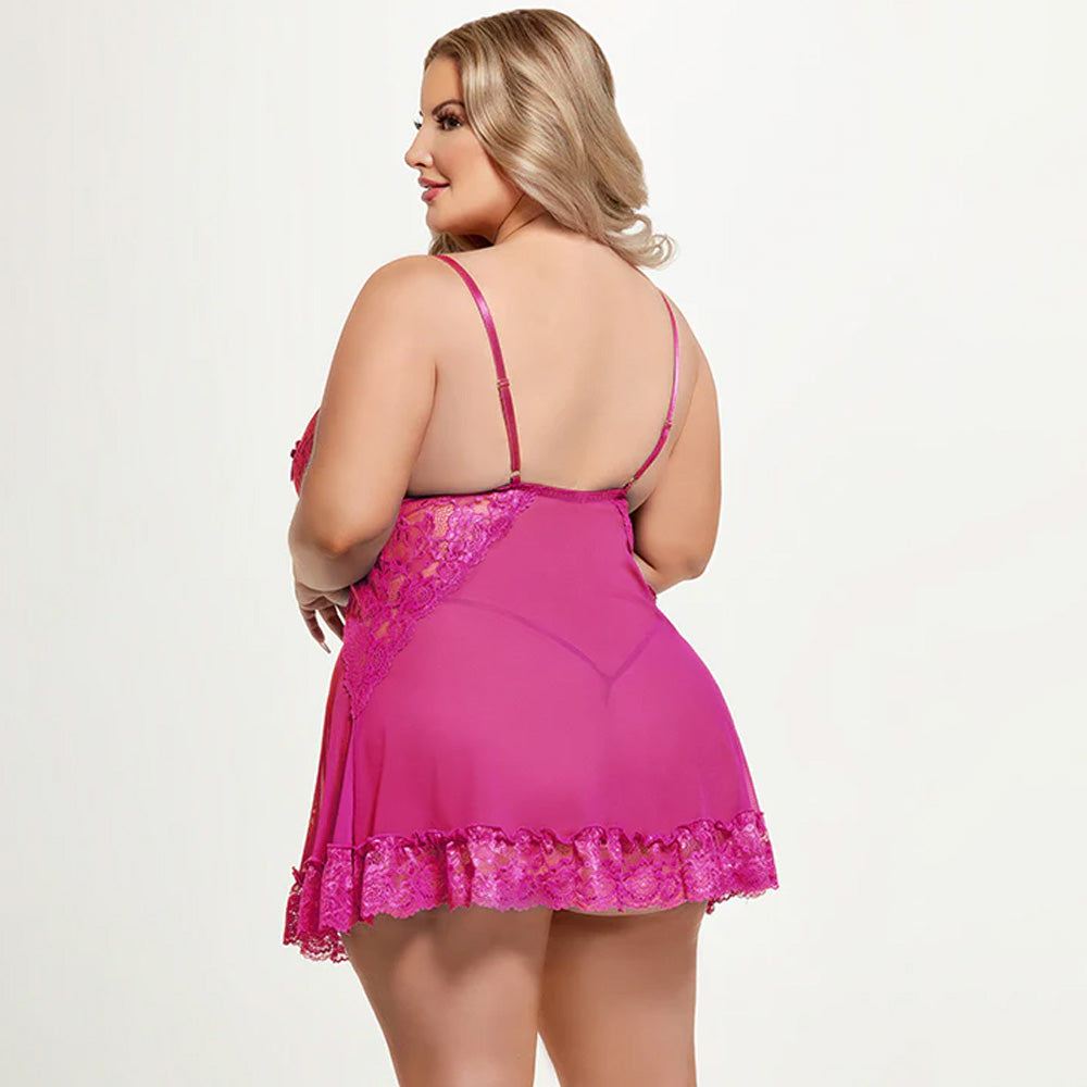 House of Desire Harlow Sheer Lace & Mesh Split Cup Babydoll for Curvy Women - Sexy Lingerie for Date Night & Boudoir Photography
