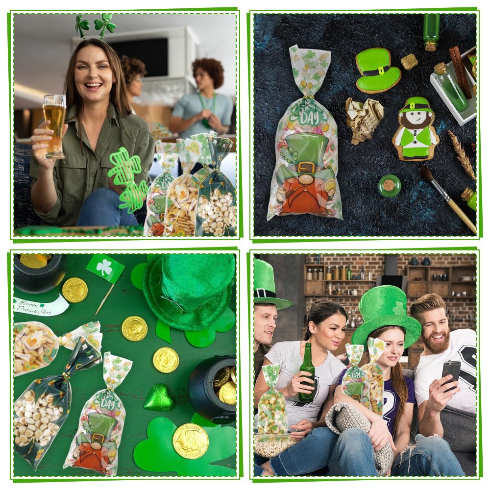 St. Patrick's Day Green Shamrock Cellophane Treat Bags - 100PCS with Twist Ties for Candy, Gifts & Party Favors | Perfect for St. Patrick's Day Celebrations, Irish Themed Parties, Classroom Treats & Holiday Goodie Bags